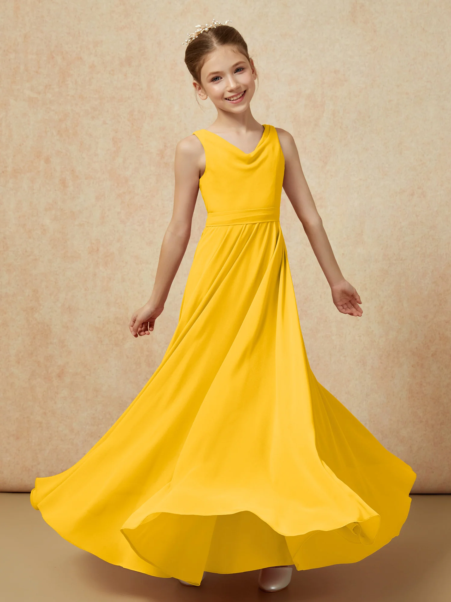V-neck Chiffon Long Junior Bridesmaid Dress With Belt Marigold - Image 6