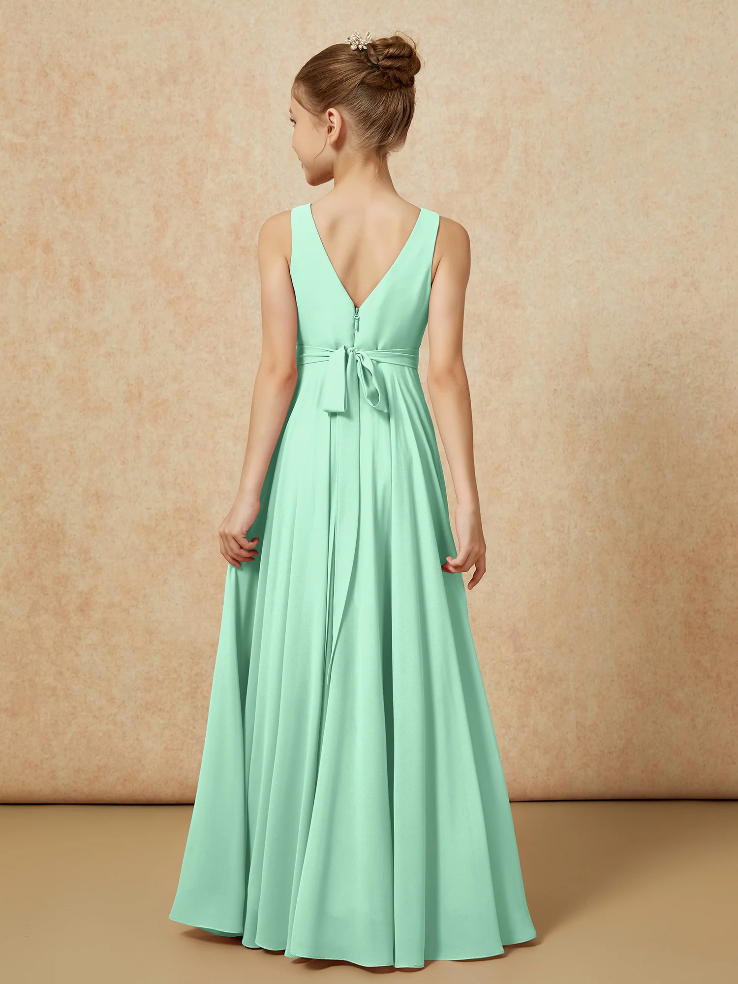 V-neck Chiffon Long Junior Bridesmaid Dress With Belt Mint Green - Image 2