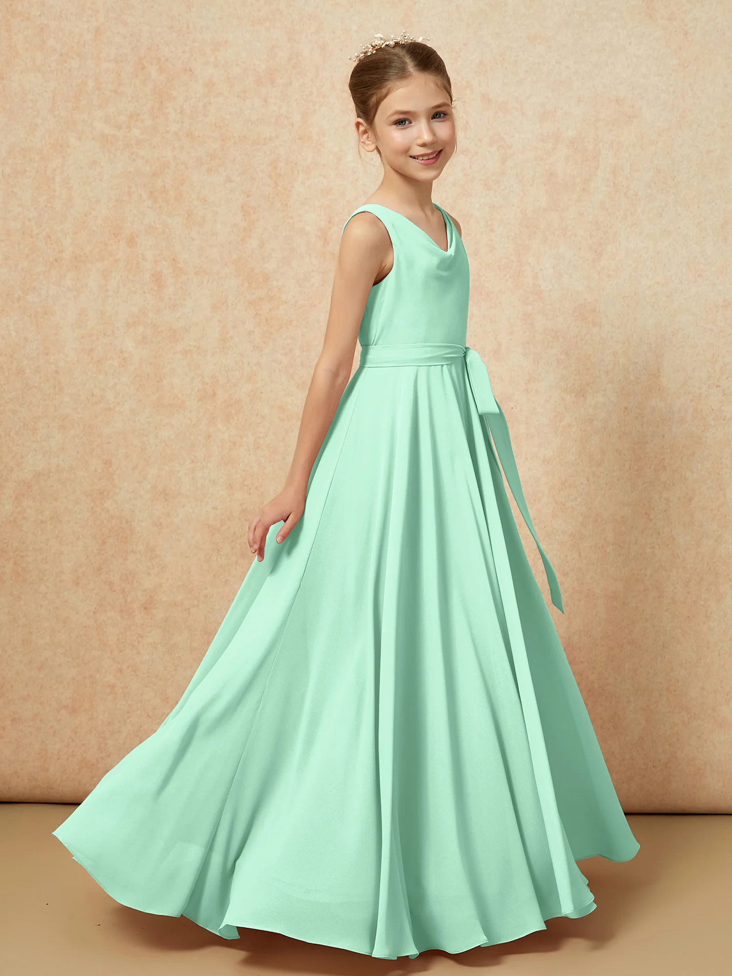 V-neck Chiffon Long Junior Bridesmaid Dress With Belt Mint Green - Image 3