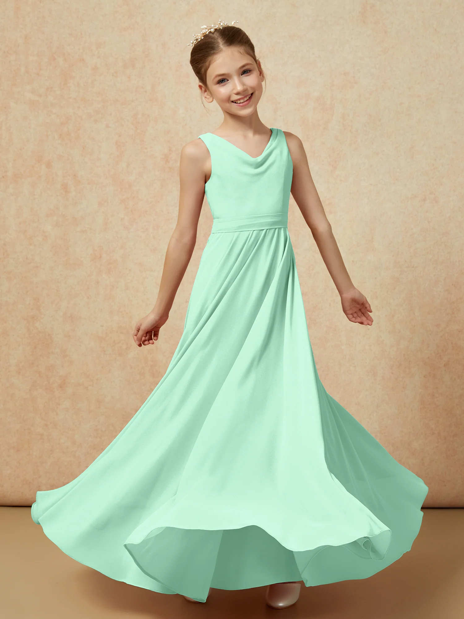V-neck Chiffon Long Junior Bridesmaid Dress With Belt Mint Green - Image 6