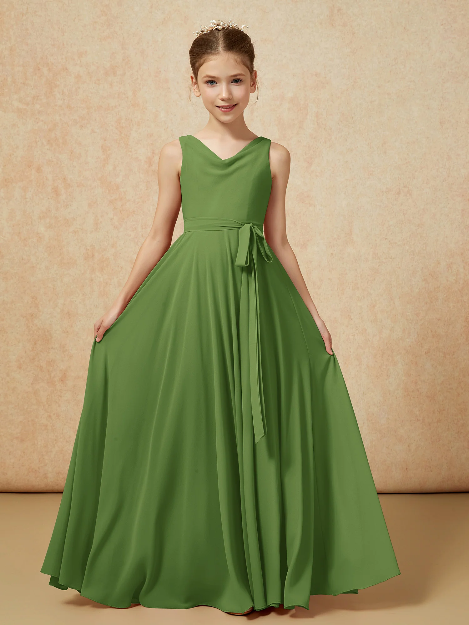 V-neck Chiffon Long Junior Bridesmaid Dress With Belt Moss