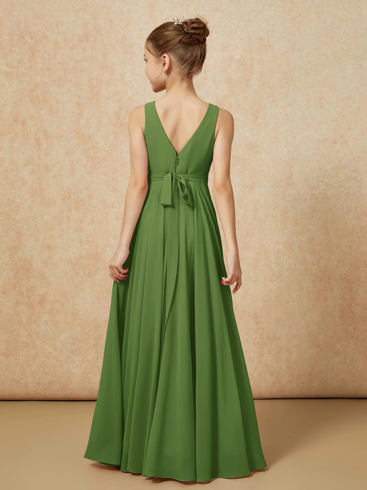 V-neck Chiffon Long Junior Bridesmaid Dress With Belt Moss - Image 2