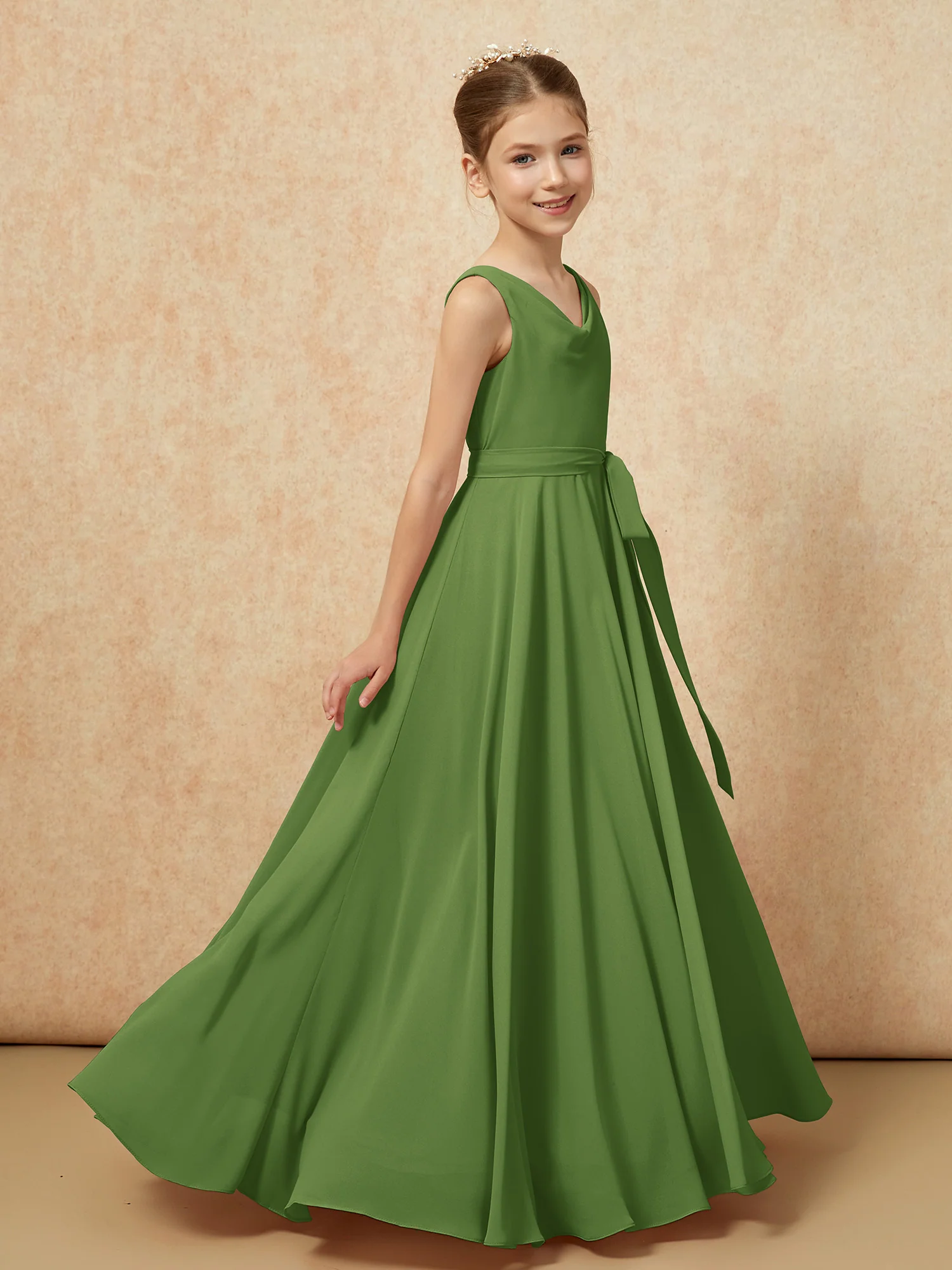 V-neck Chiffon Long Junior Bridesmaid Dress With Belt Moss - Image 3