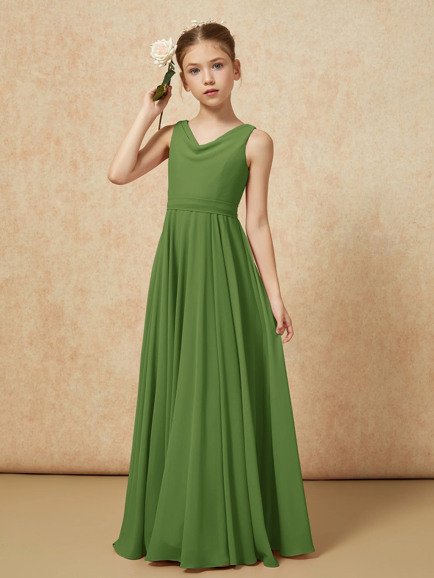 V-neck Chiffon Long Junior Bridesmaid Dress With Belt Moss - Image 4