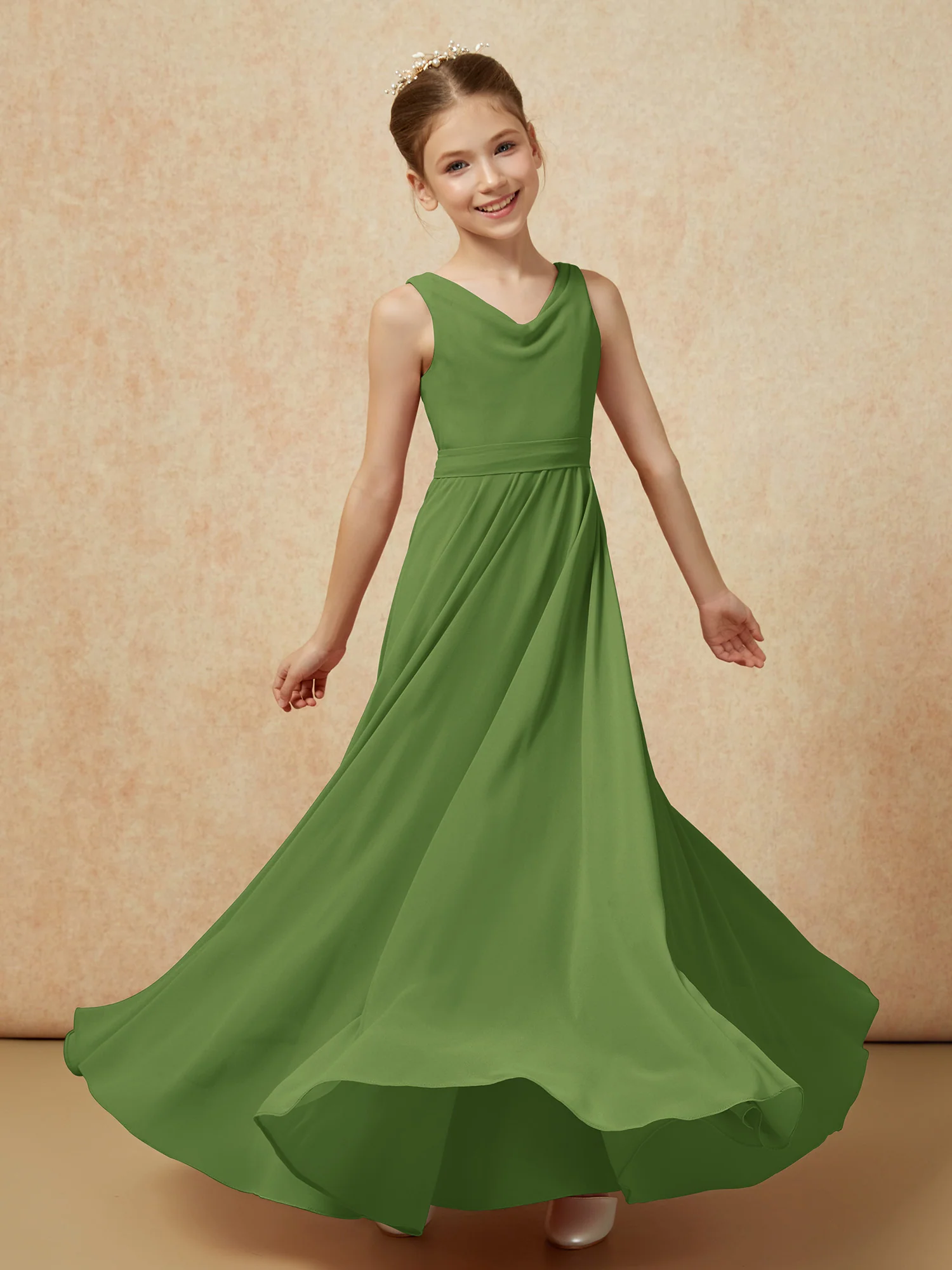 V-neck Chiffon Long Junior Bridesmaid Dress With Belt Moss - Image 6
