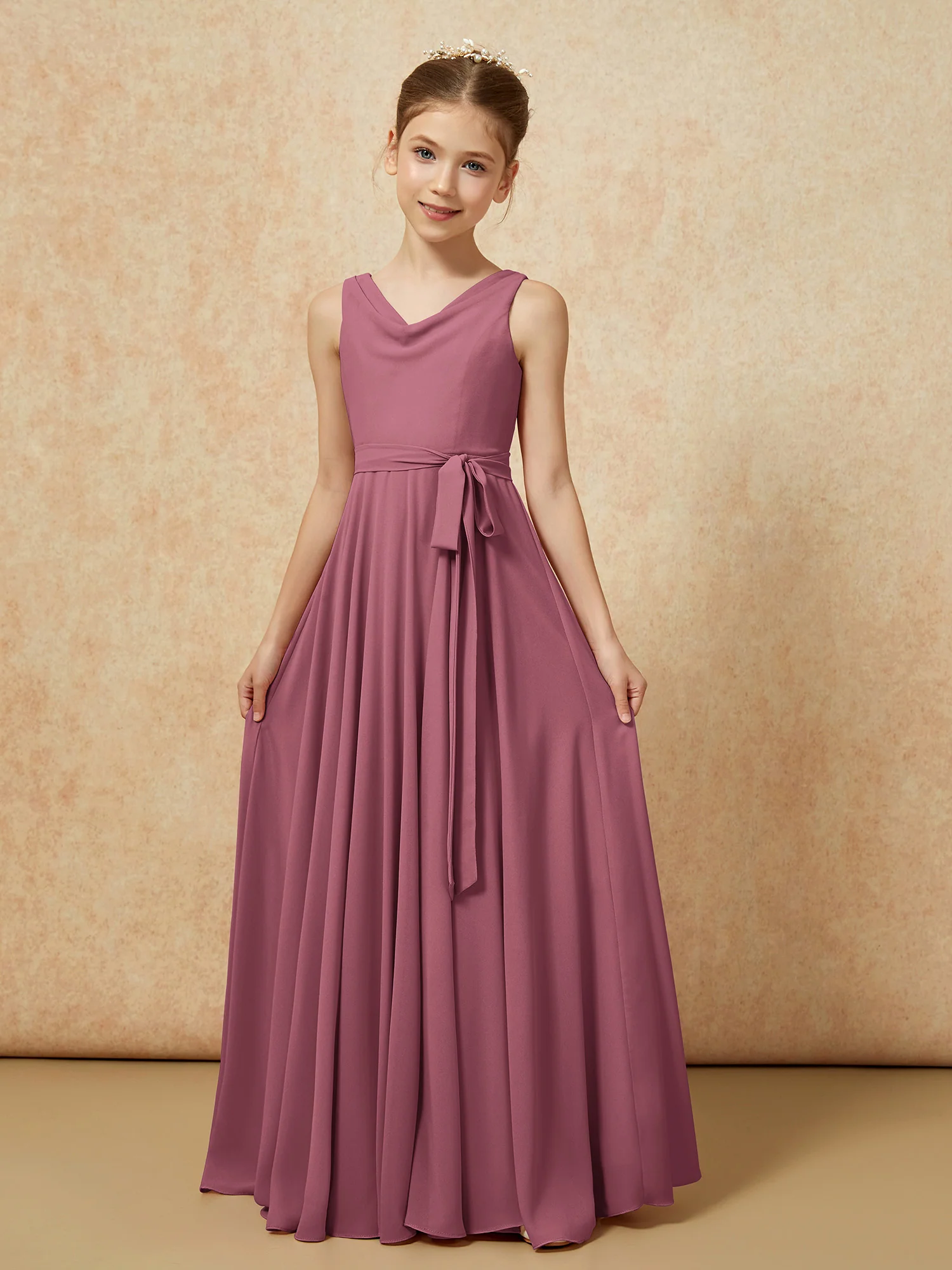 V-neck Chiffon Long Junior Bridesmaid Dress With Belt Mulberry - Image 5