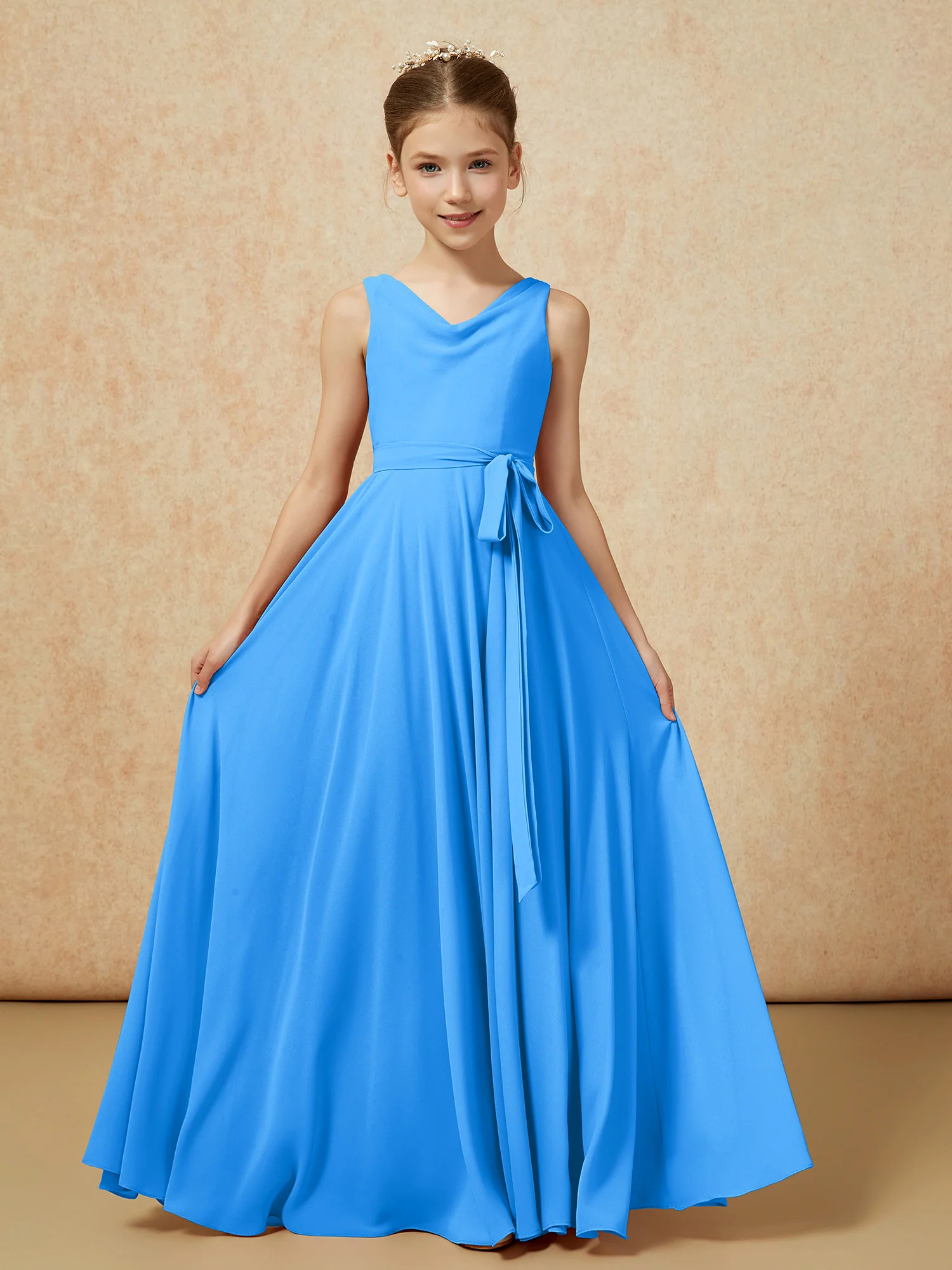 V-neck Chiffon Long Junior Bridesmaid Dress With Belt Ocean Blue