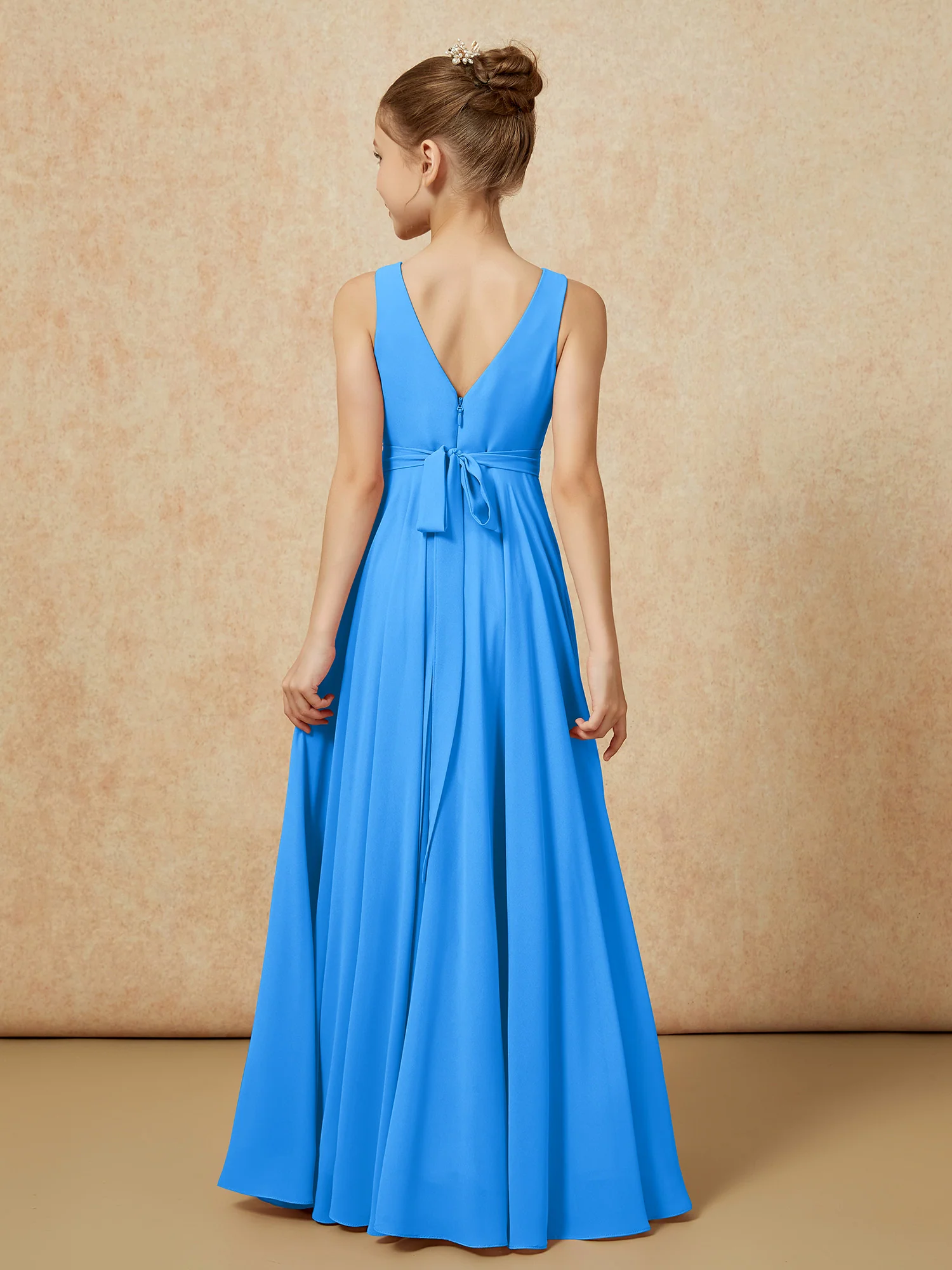 V-neck Chiffon Long Junior Bridesmaid Dress With Belt Ocean Blue - Image 2