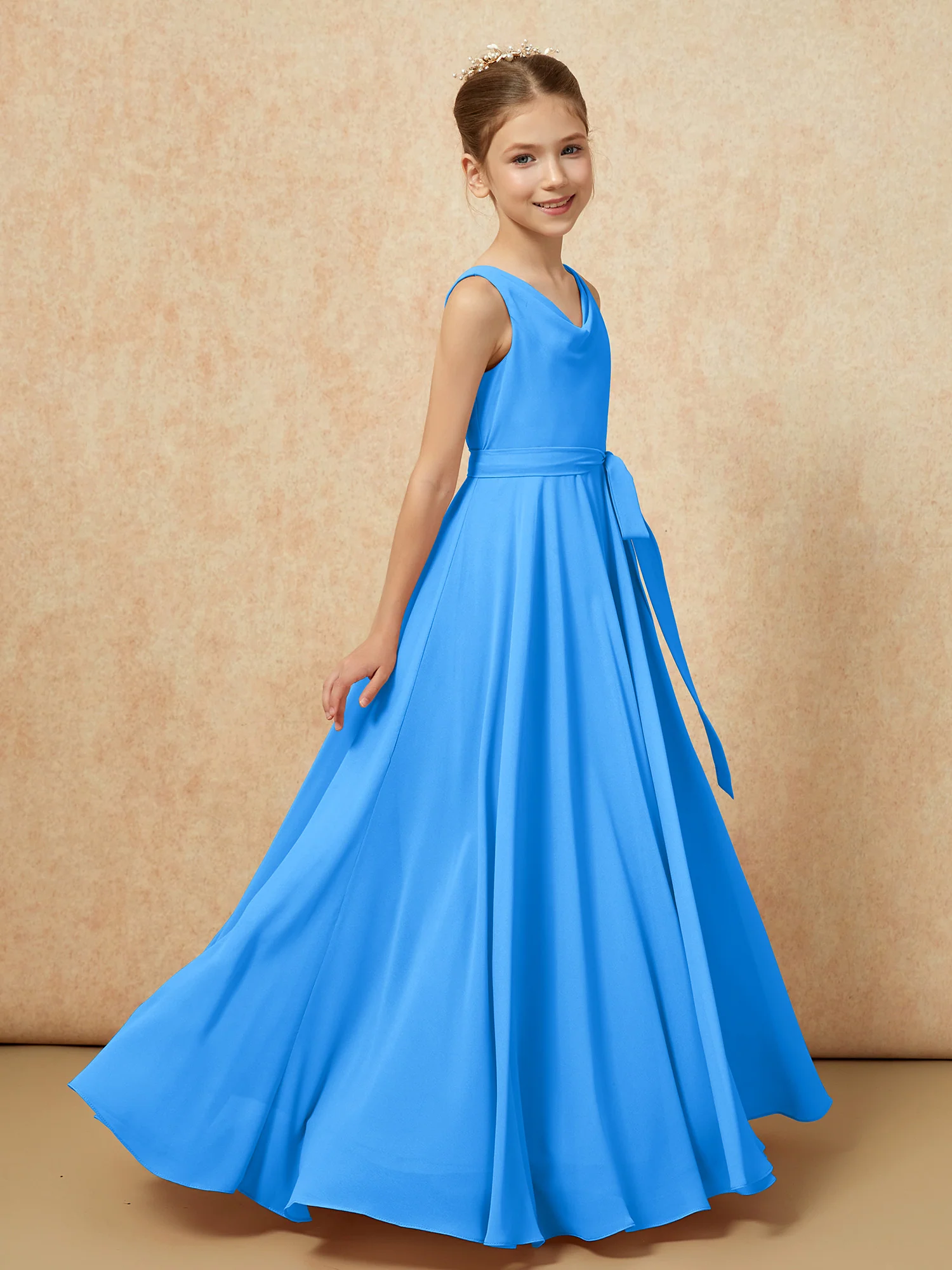 V-neck Chiffon Long Junior Bridesmaid Dress With Belt Ocean Blue - Image 3