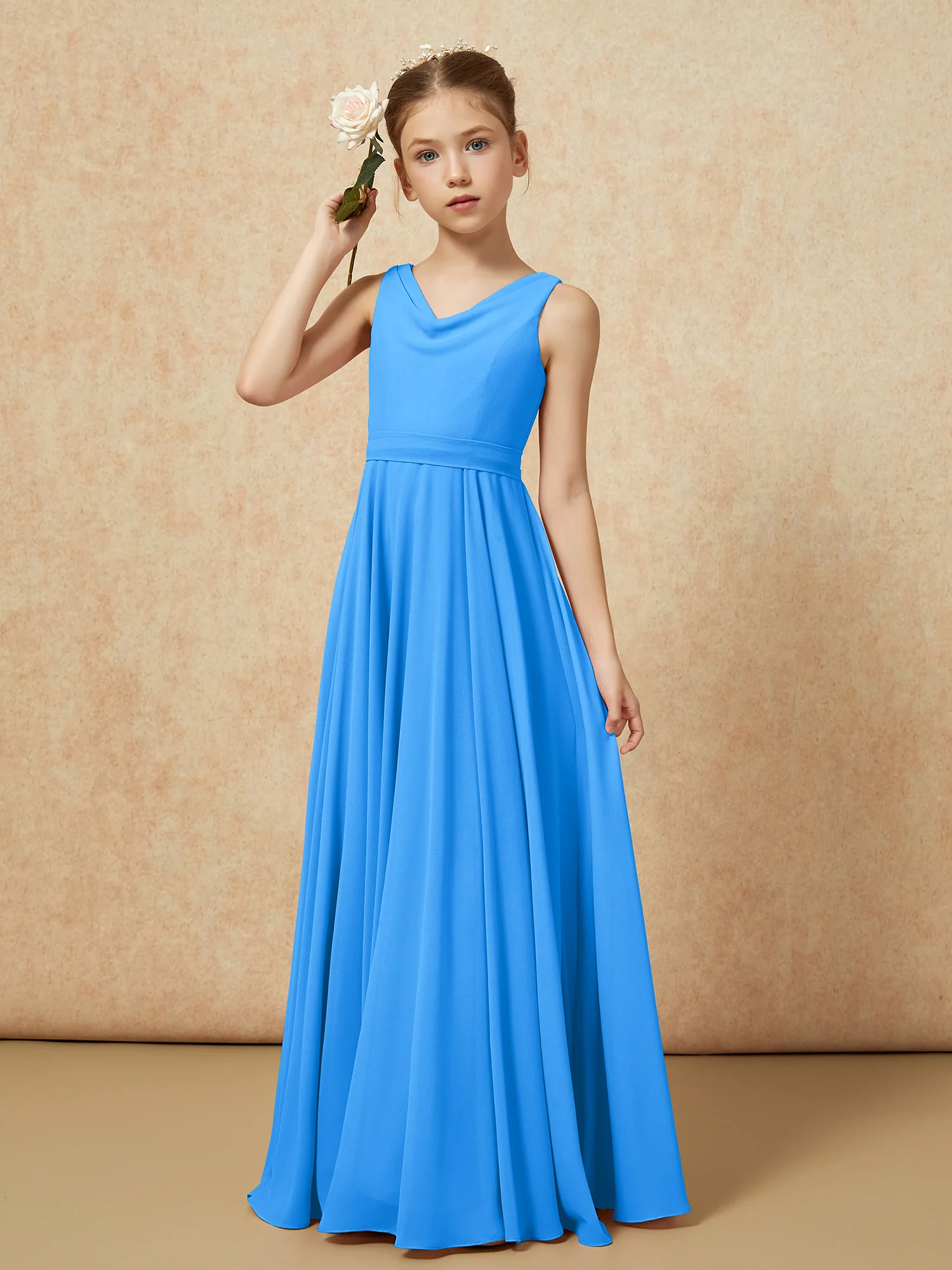 V-neck Chiffon Long Junior Bridesmaid Dress With Belt Ocean Blue - Image 4