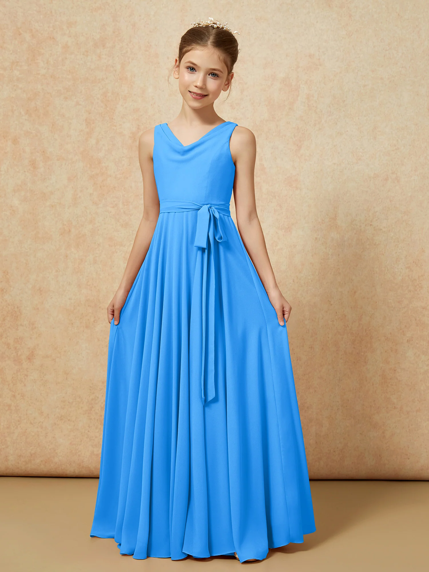 V-neck Chiffon Long Junior Bridesmaid Dress With Belt Ocean Blue - Image 5