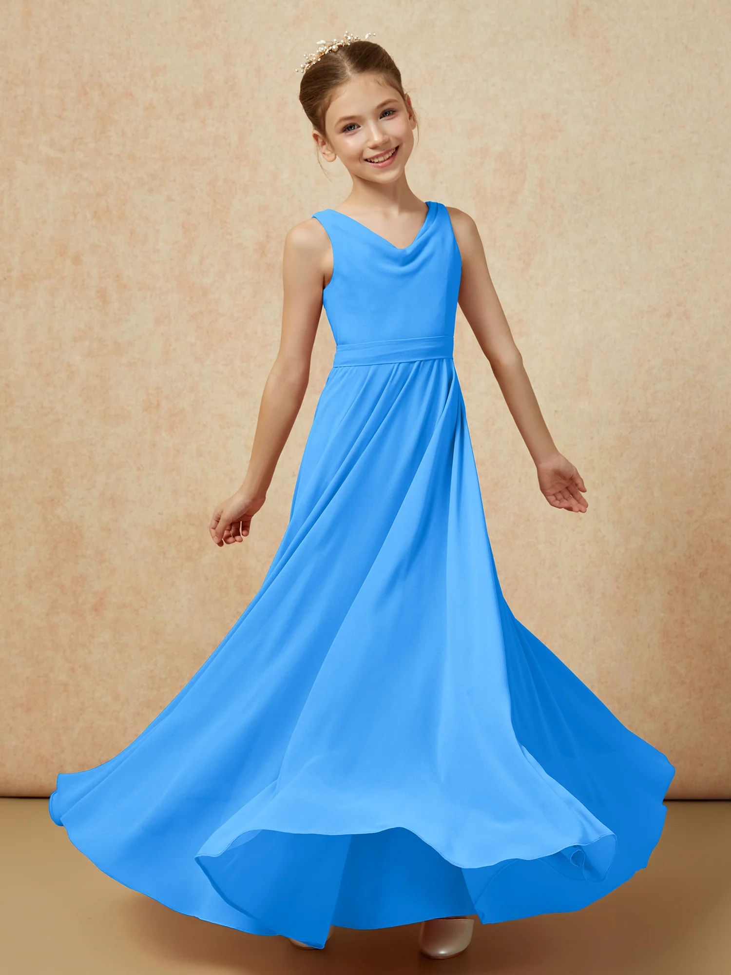 V-neck Chiffon Long Junior Bridesmaid Dress With Belt Ocean Blue - Image 6