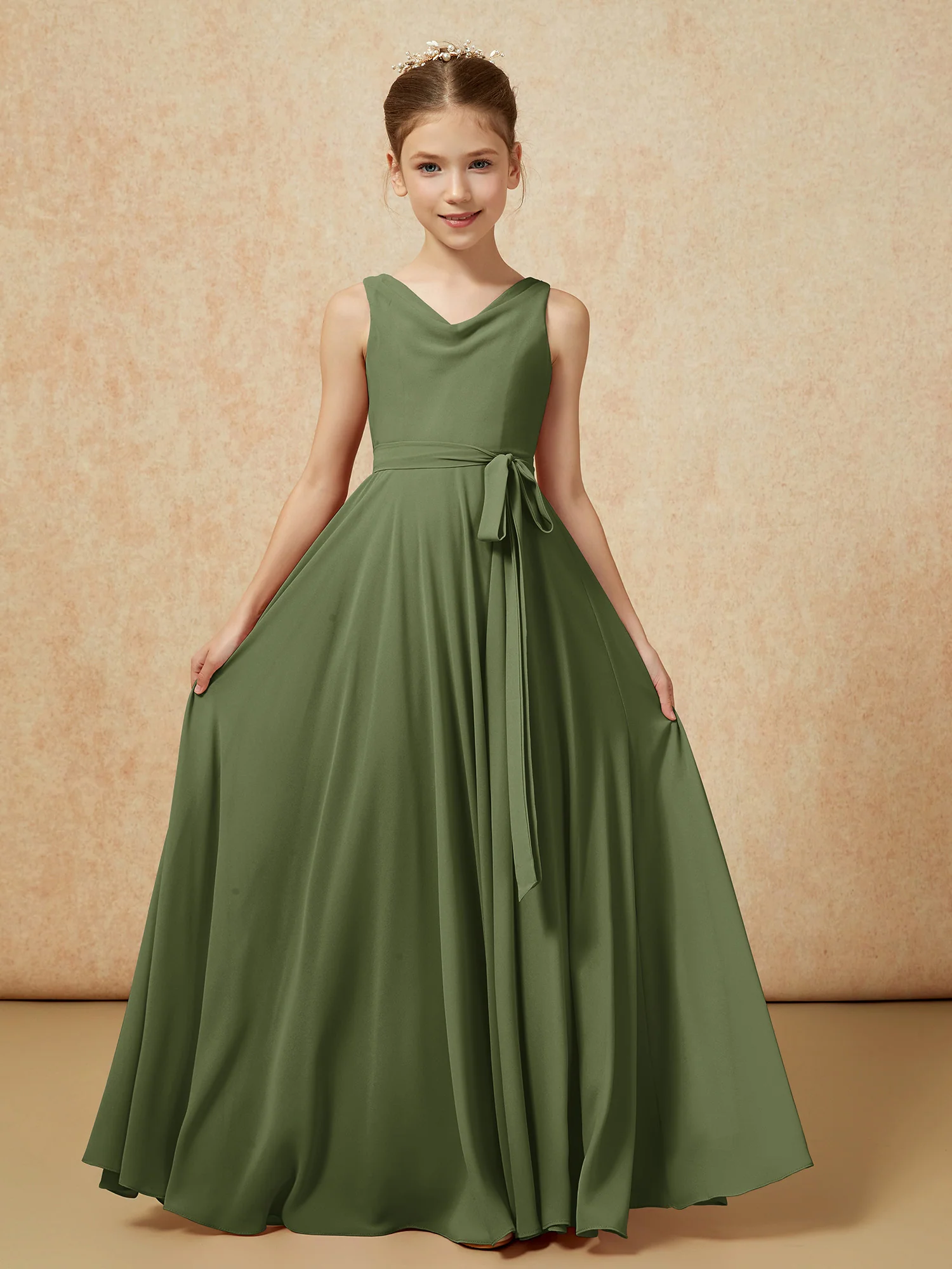 V-neck Chiffon Long Junior Bridesmaid Dress With Belt Olive Green