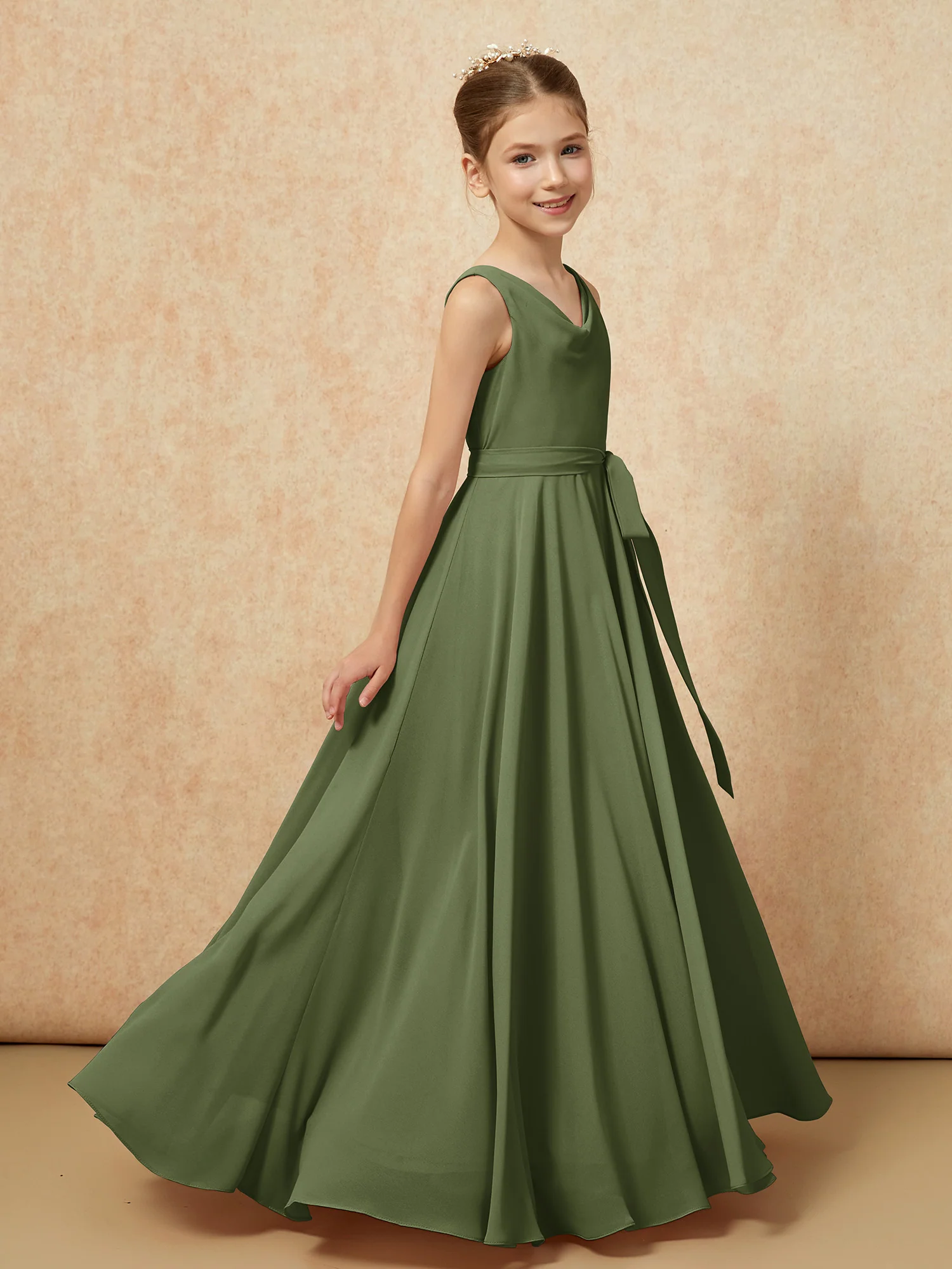 V-neck Chiffon Long Junior Bridesmaid Dress With Belt Olive Green - Image 3