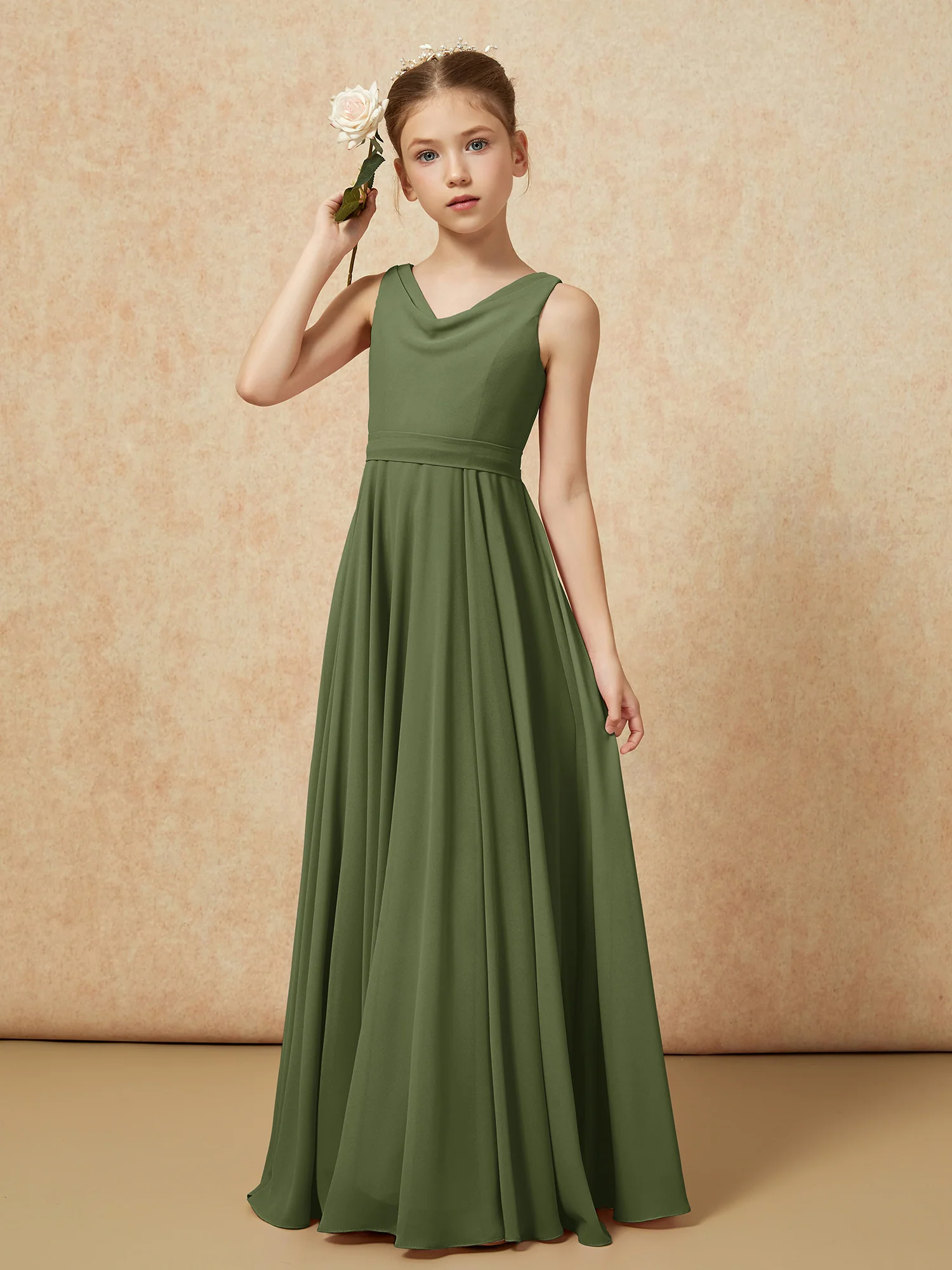 V-neck Chiffon Long Junior Bridesmaid Dress With Belt Olive Green - Image 4