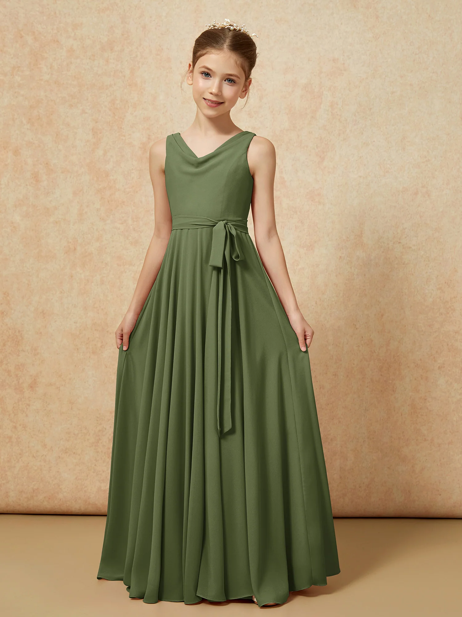 V-neck Chiffon Long Junior Bridesmaid Dress With Belt Olive Green - Image 5