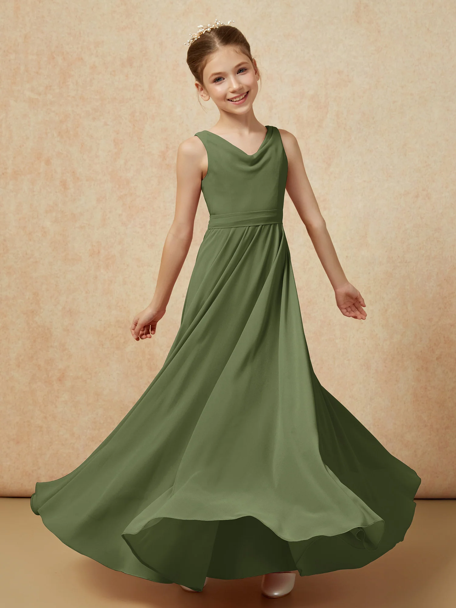 V-neck Chiffon Long Junior Bridesmaid Dress With Belt Olive Green - Image 6
