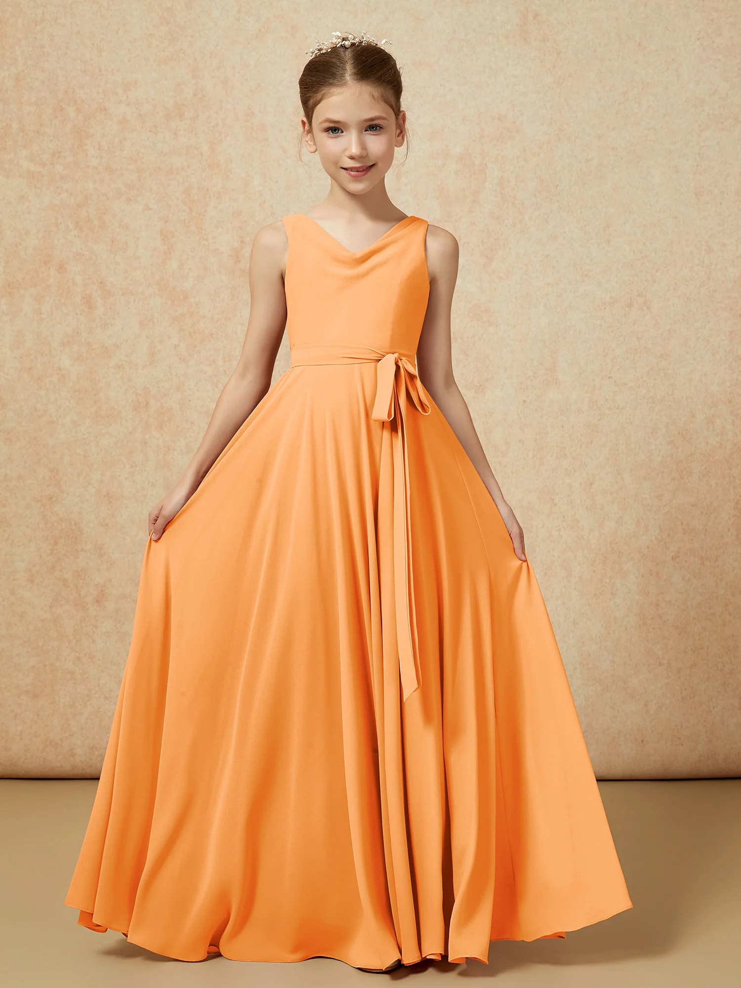V-neck Chiffon Long Junior Bridesmaid Dress With Belt Orange