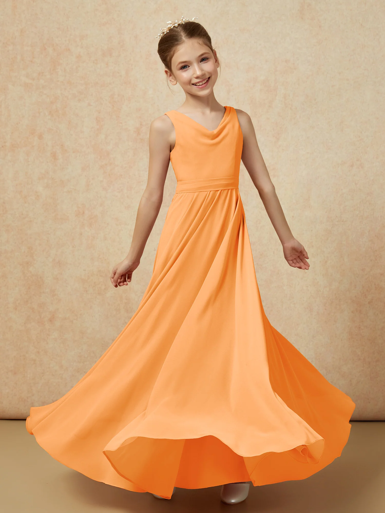 V-neck Chiffon Long Junior Bridesmaid Dress With Belt Orange - Image 6