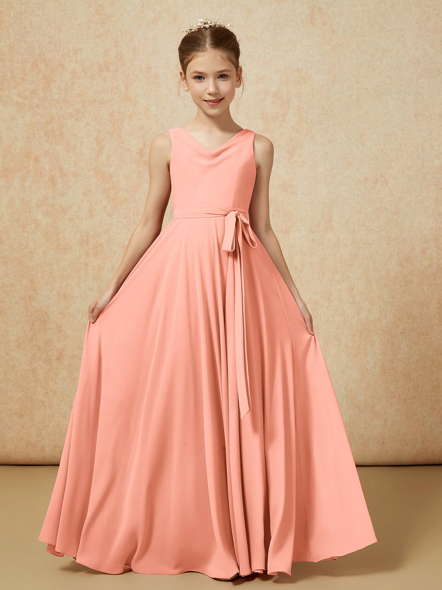 V-neck Chiffon Long Junior Bridesmaid Dress With Belt Papaya