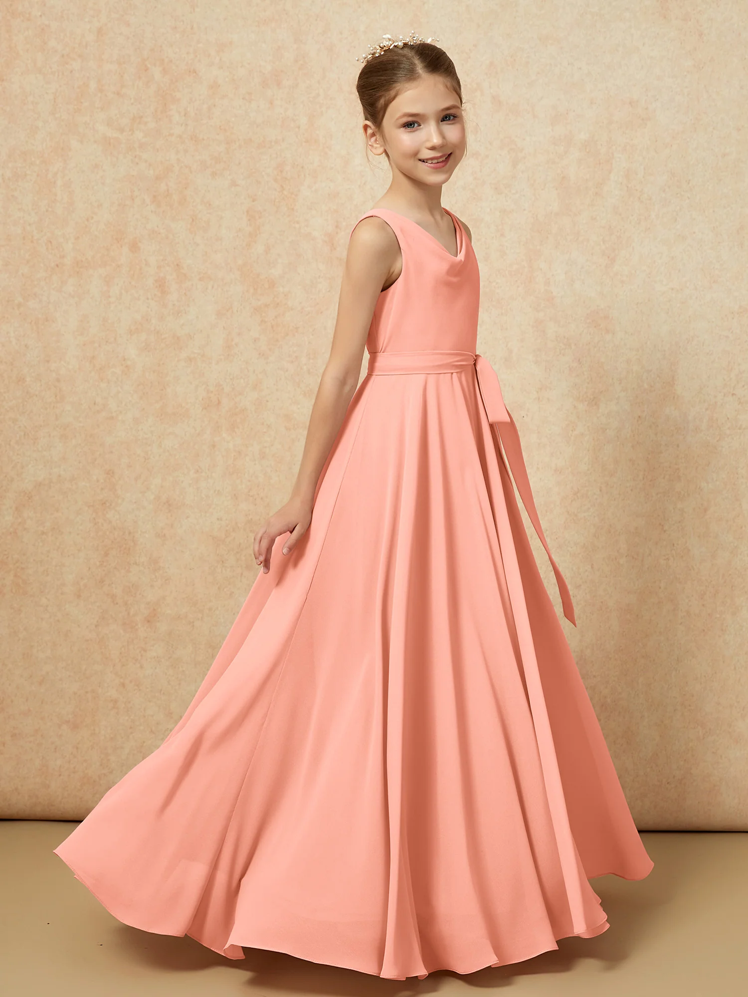 V-neck Chiffon Long Junior Bridesmaid Dress With Belt Papaya - Image 3