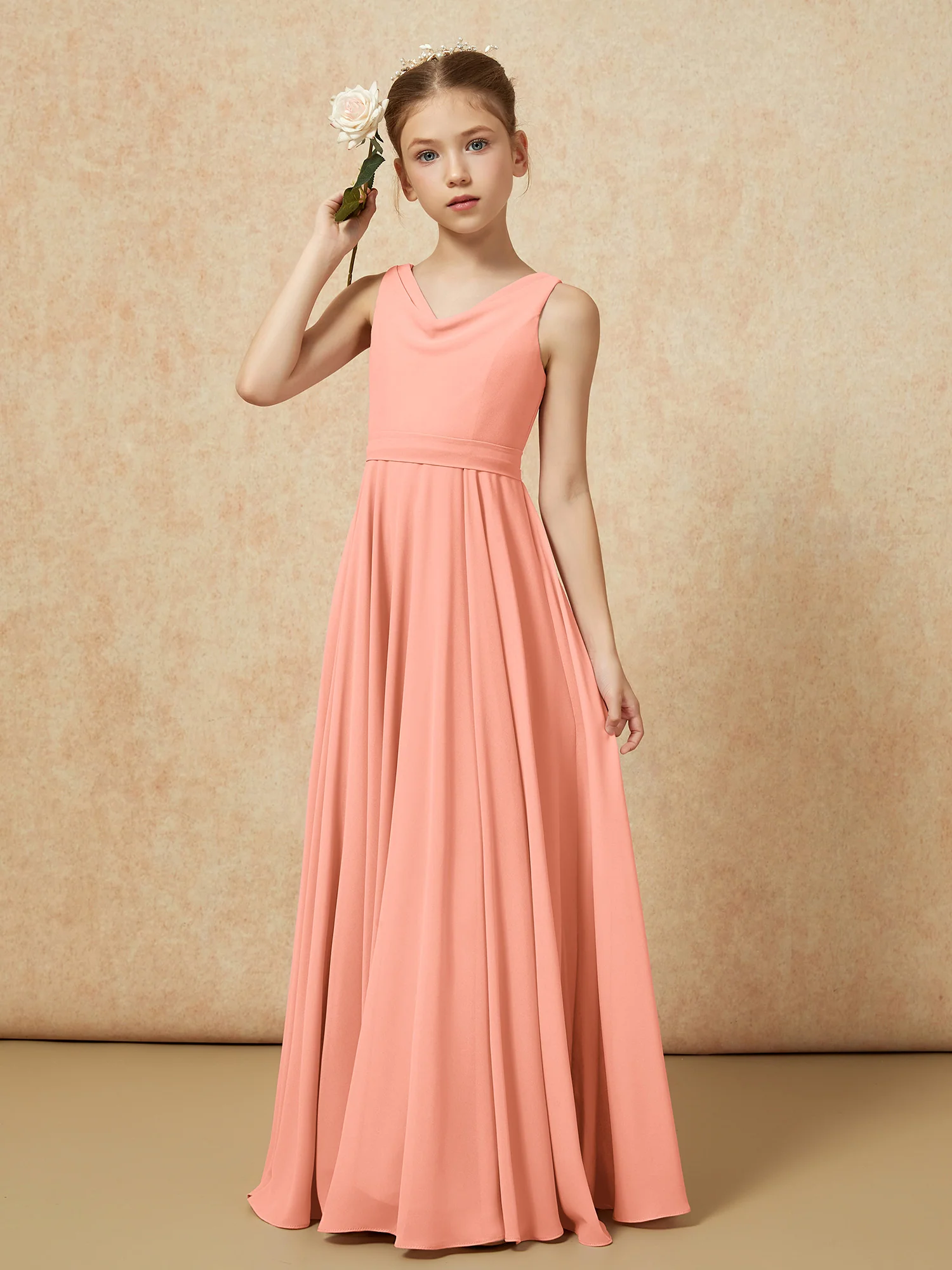 V-neck Chiffon Long Junior Bridesmaid Dress With Belt Papaya - Image 4