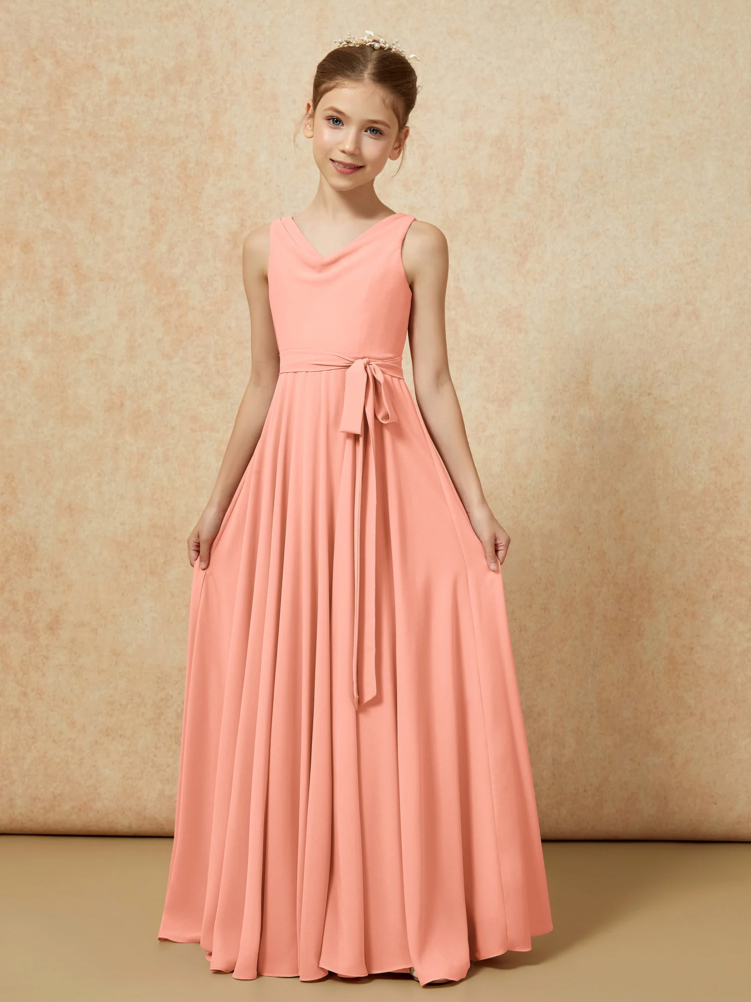 V-neck Chiffon Long Junior Bridesmaid Dress With Belt Papaya - Image 5