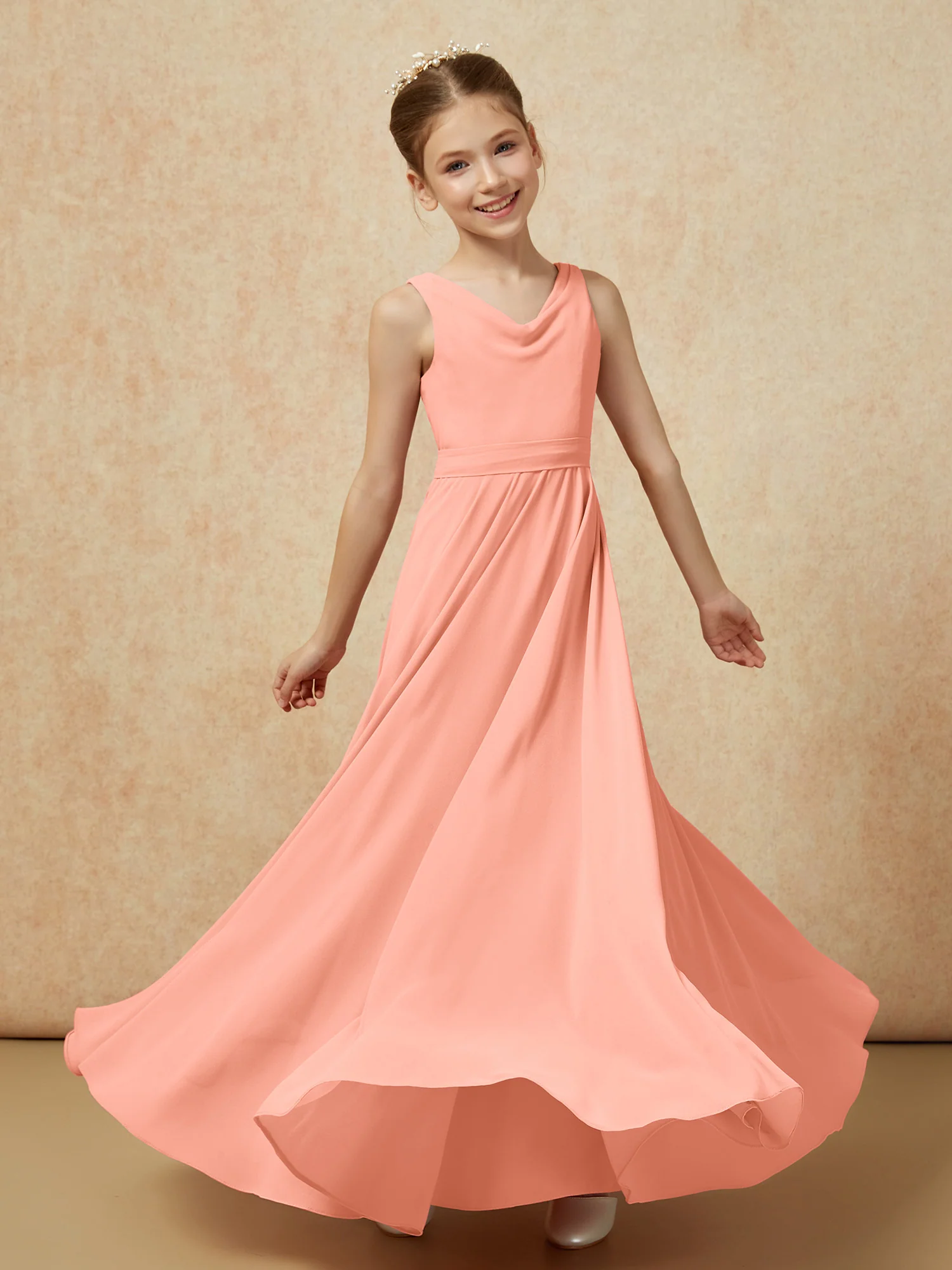V-neck Chiffon Long Junior Bridesmaid Dress With Belt Papaya - Image 6