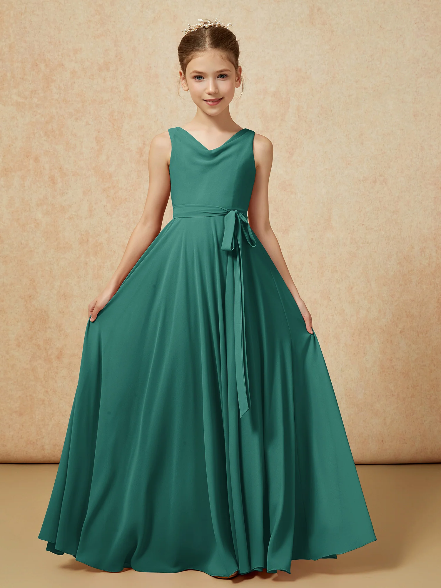 V-neck Chiffon Long Junior Bridesmaid Dress With Belt Peacock