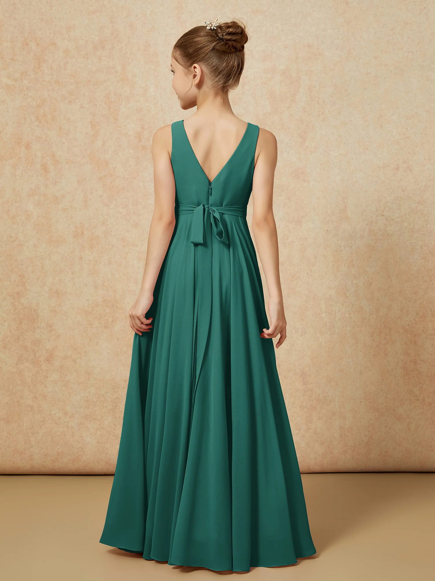 V-neck Chiffon Long Junior Bridesmaid Dress With Belt Peacock - Image 2