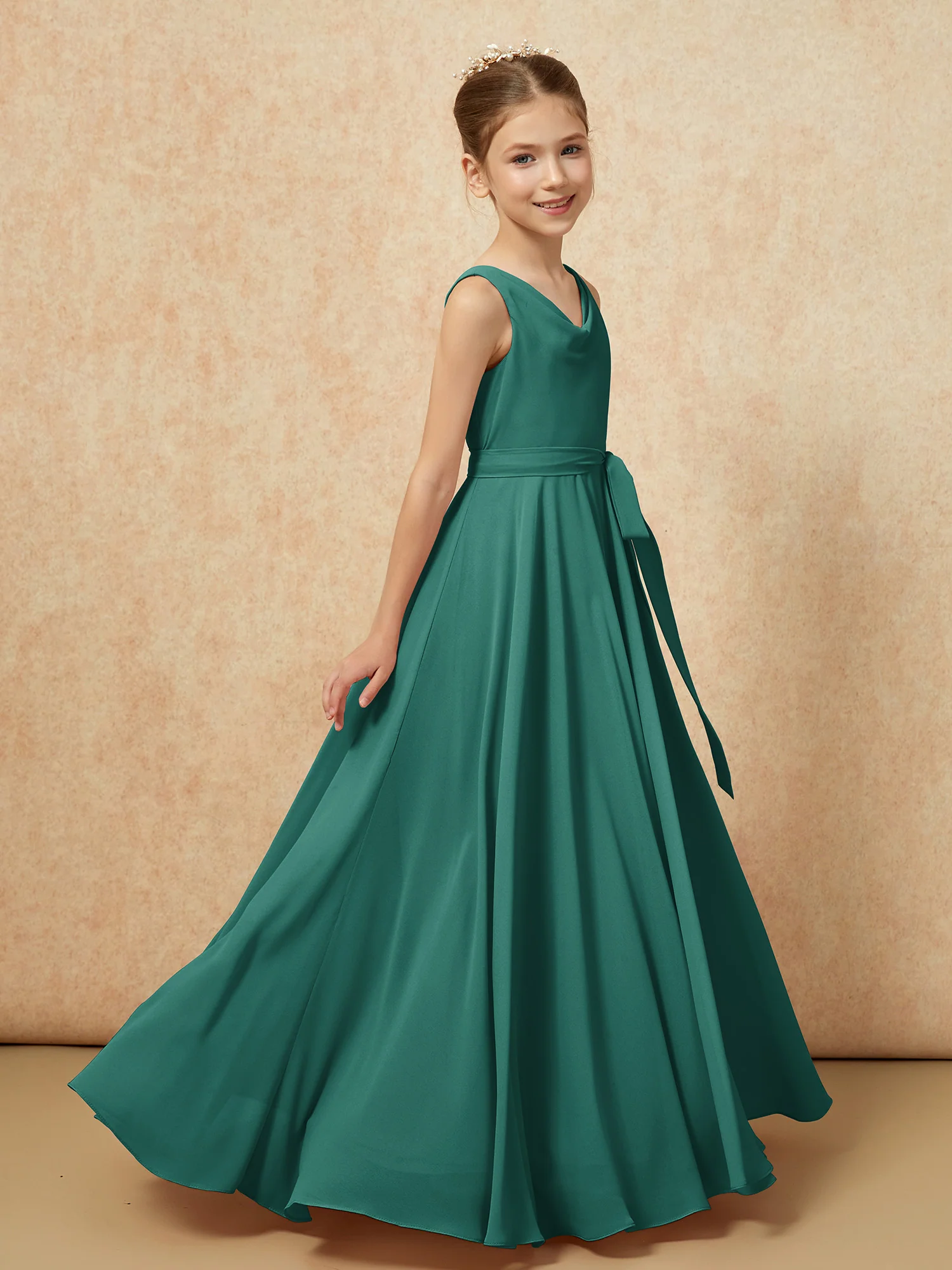 V-neck Chiffon Long Junior Bridesmaid Dress With Belt Peacock - Image 3