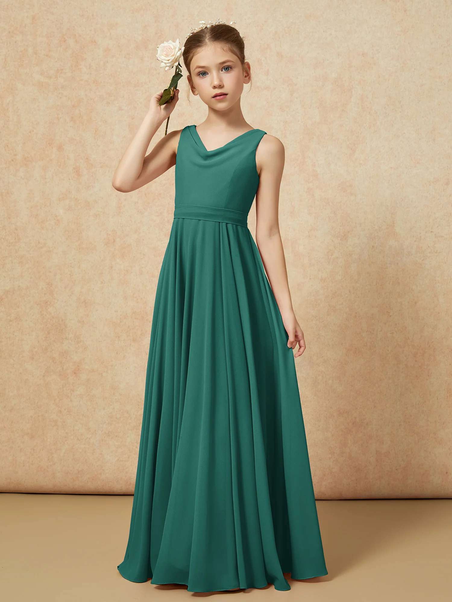 V-neck Chiffon Long Junior Bridesmaid Dress With Belt Peacock - Image 4