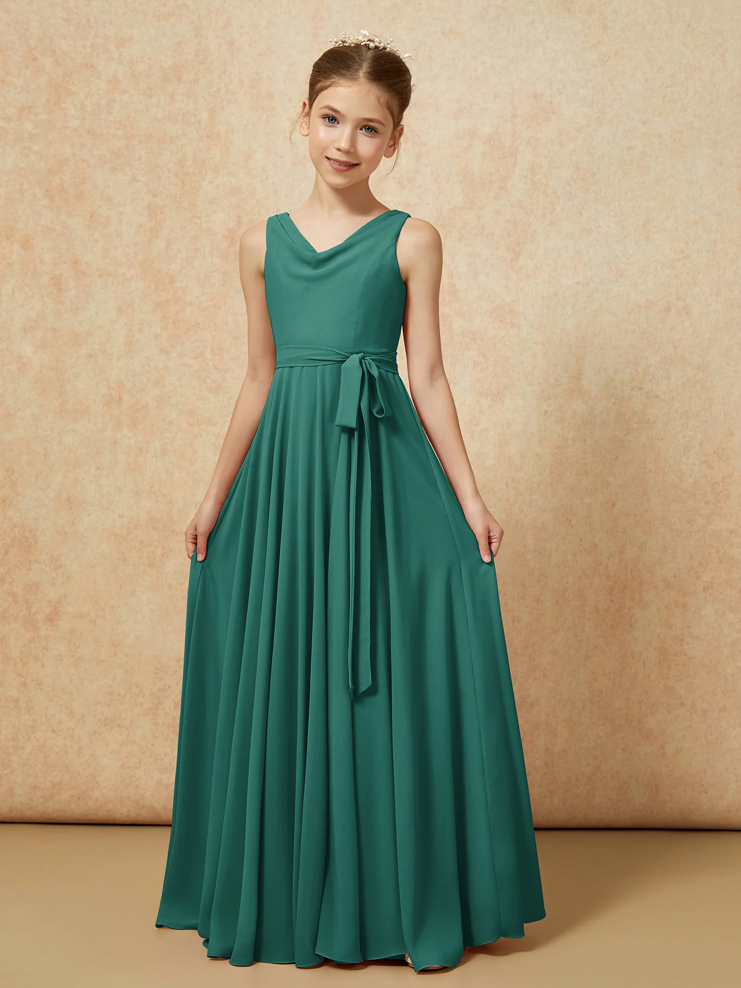 V-neck Chiffon Long Junior Bridesmaid Dress With Belt Peacock - Image 5