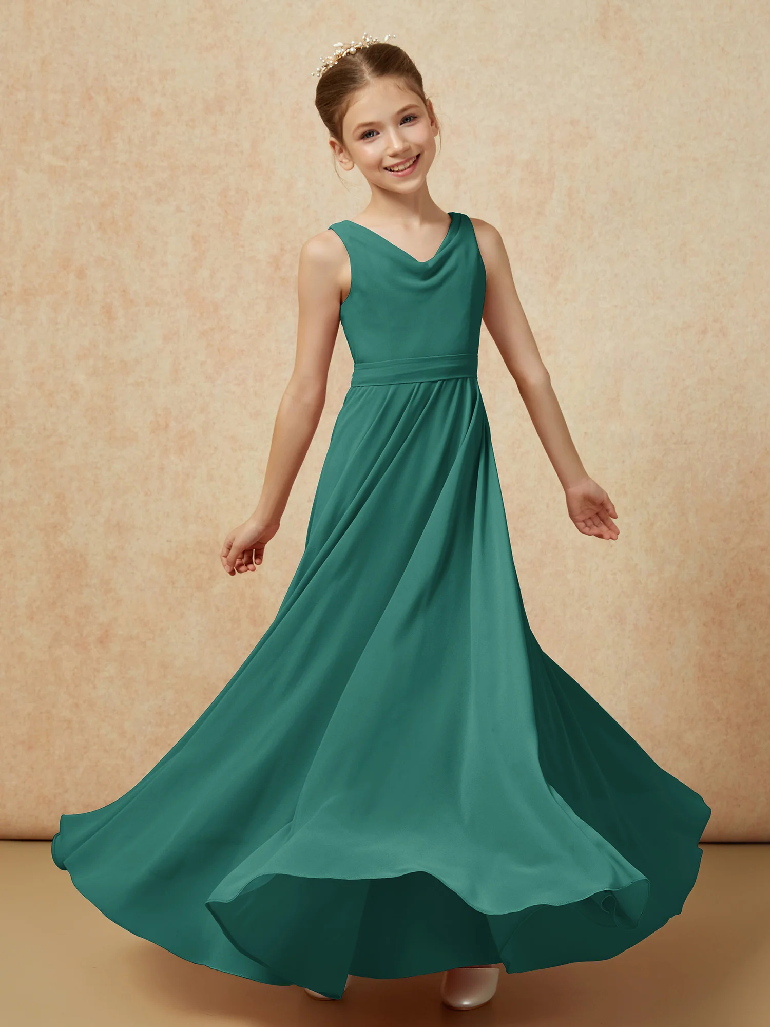 V-neck Chiffon Long Junior Bridesmaid Dress With Belt Peacock - Image 6