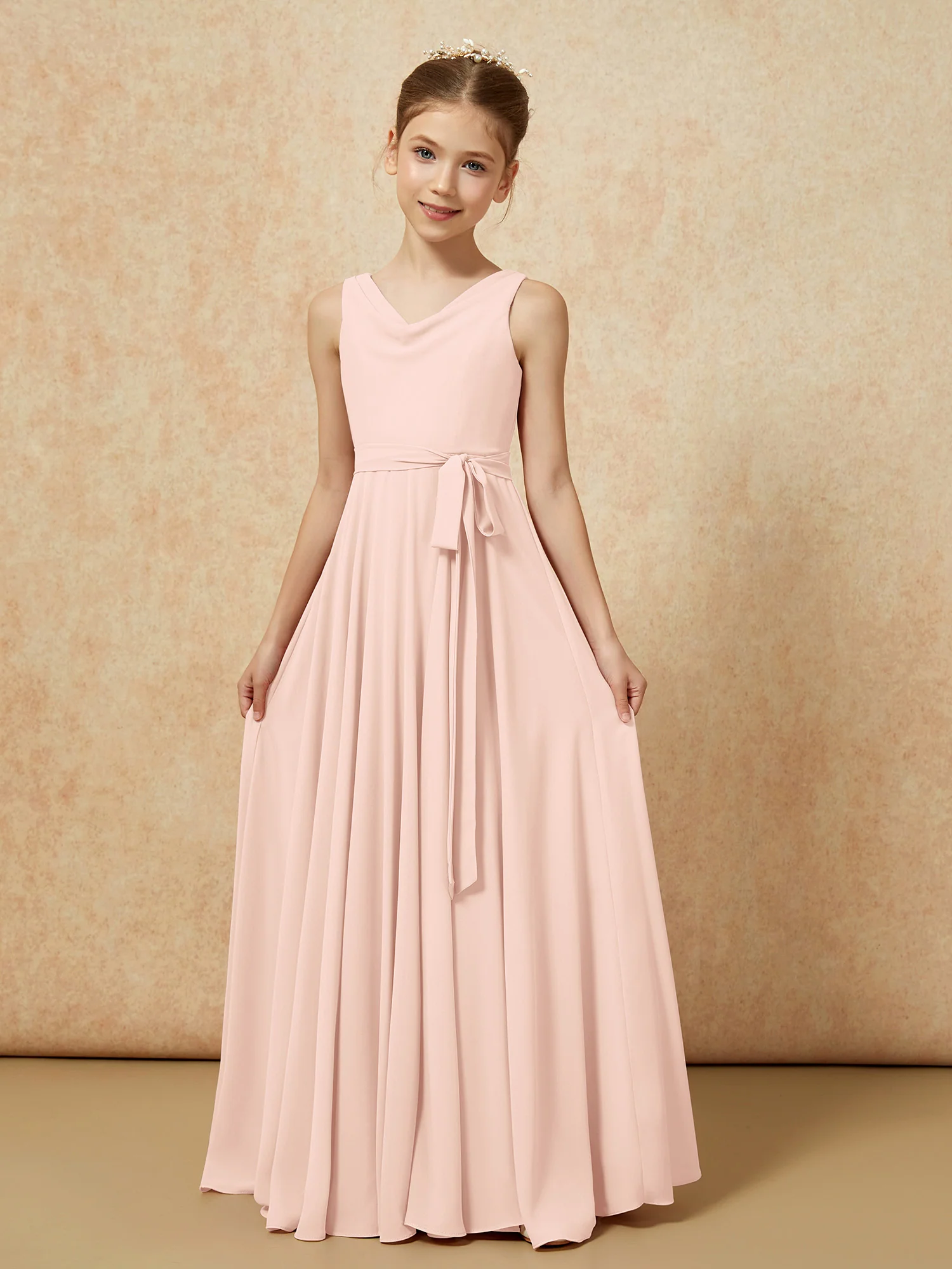V-neck Chiffon Long Junior Bridesmaid Dress With Belt Pearl Pink - Image 5