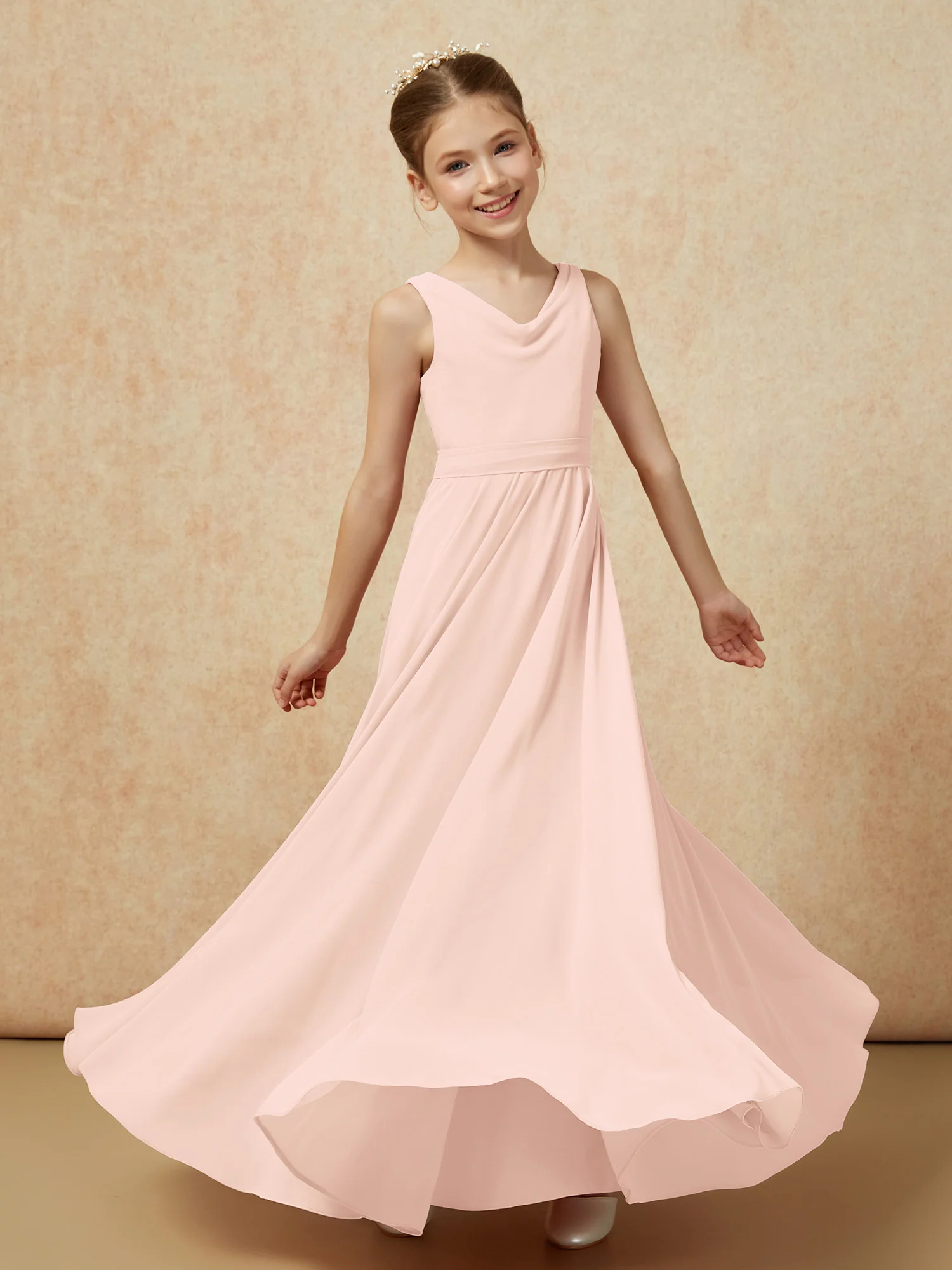 V-neck Chiffon Long Junior Bridesmaid Dress With Belt Pearl Pink - Image 6