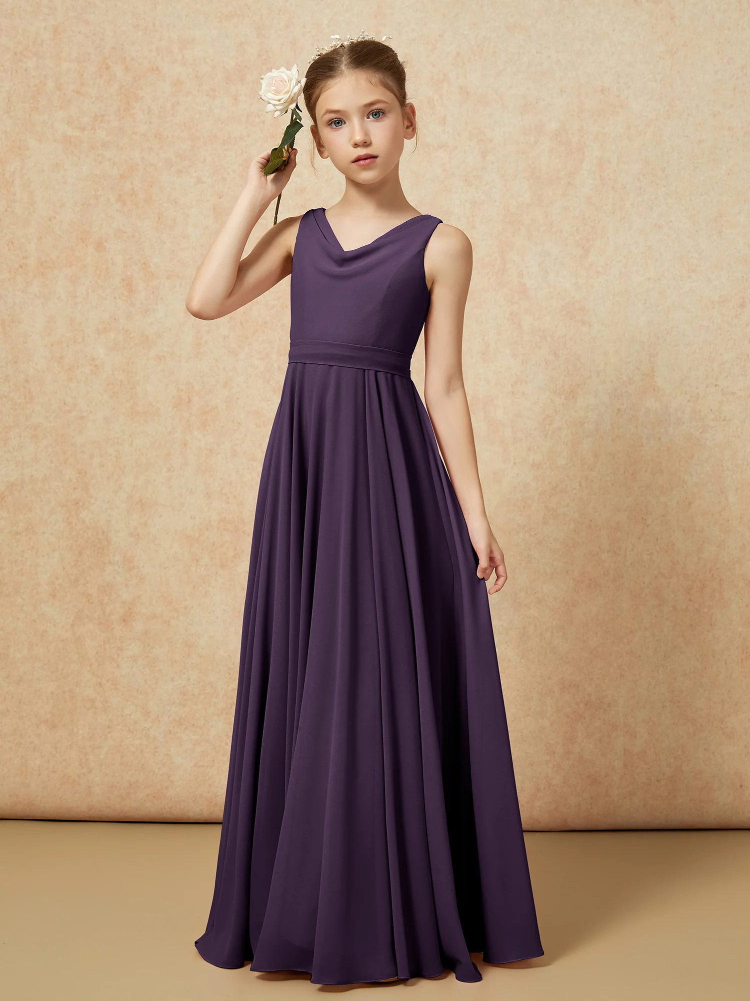 V-neck Chiffon Long Junior Bridesmaid Dress With Belt Plum - Image 4