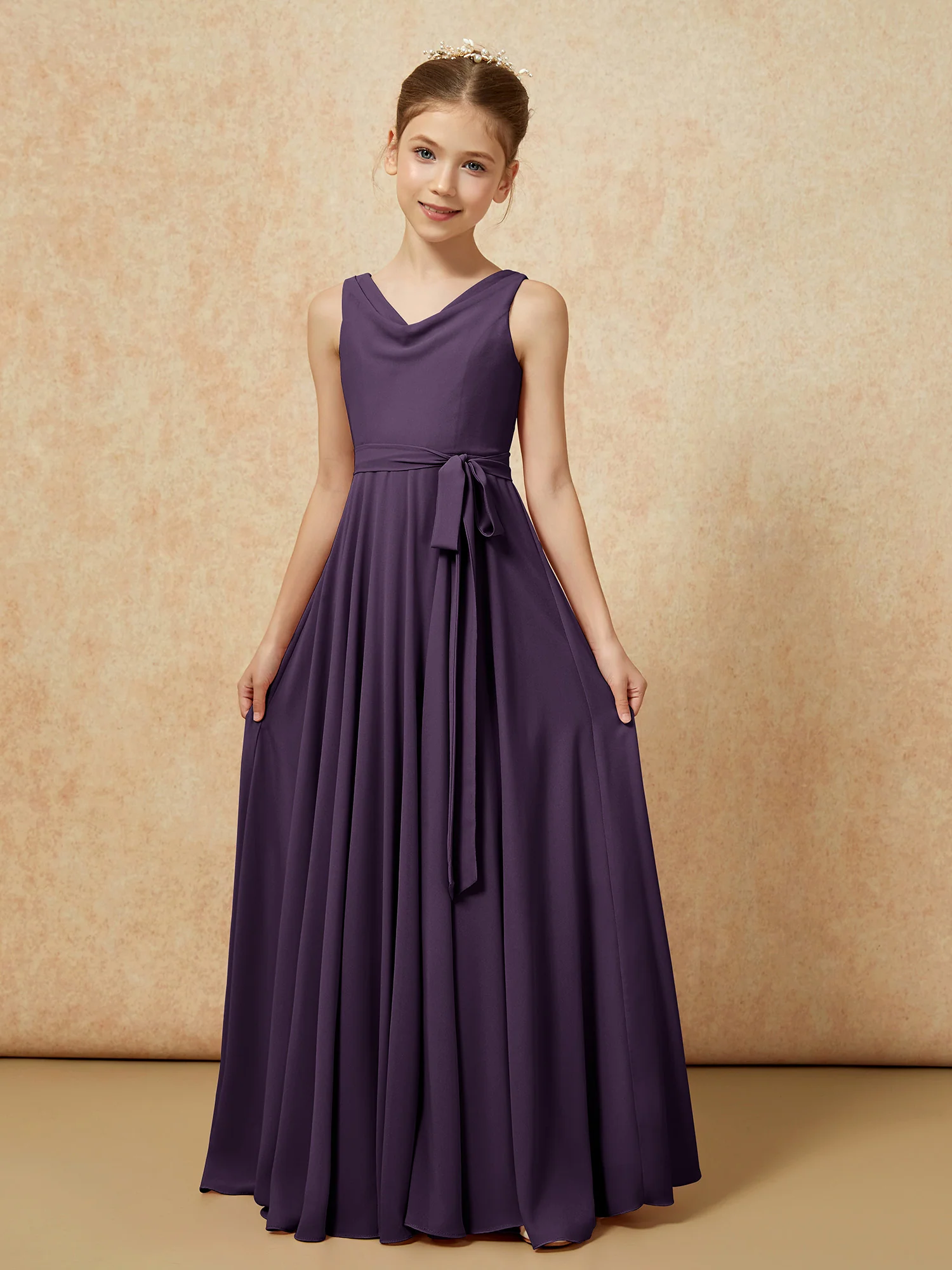V-neck Chiffon Long Junior Bridesmaid Dress With Belt Plum - Image 5
