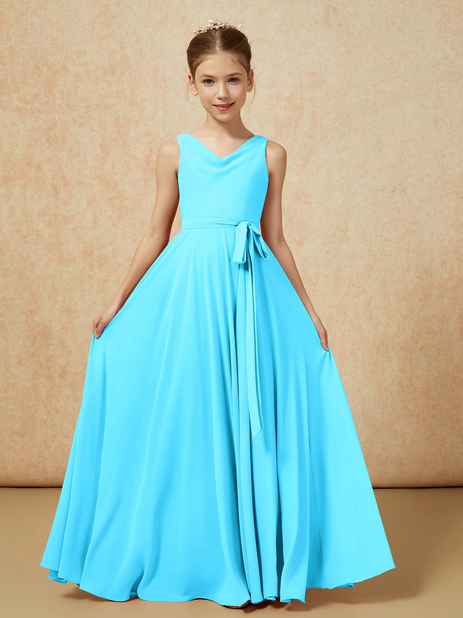 V-neck Chiffon Long Junior Bridesmaid Dress With Belt Pool