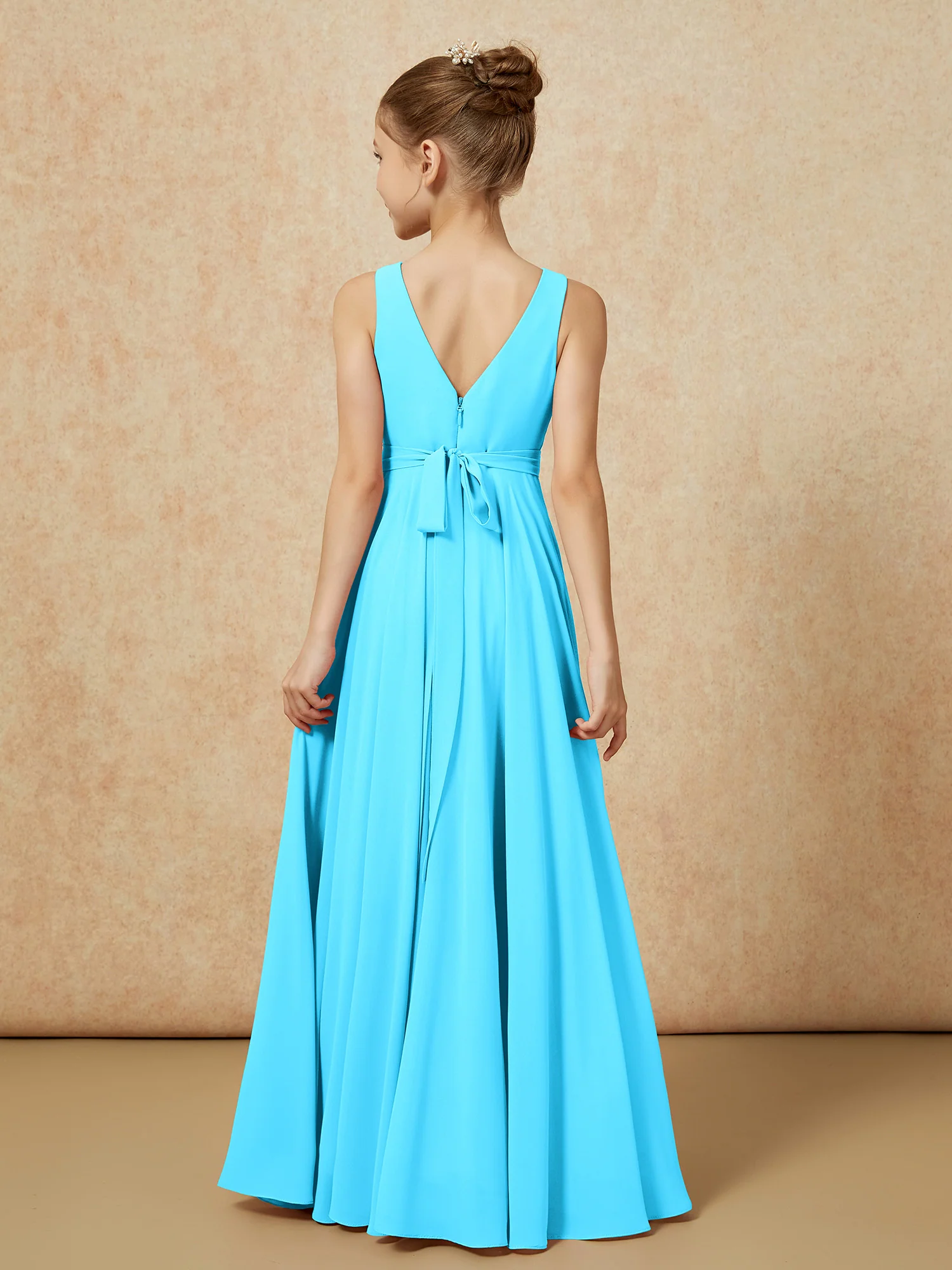V-neck Chiffon Long Junior Bridesmaid Dress With Belt Pool - Image 2