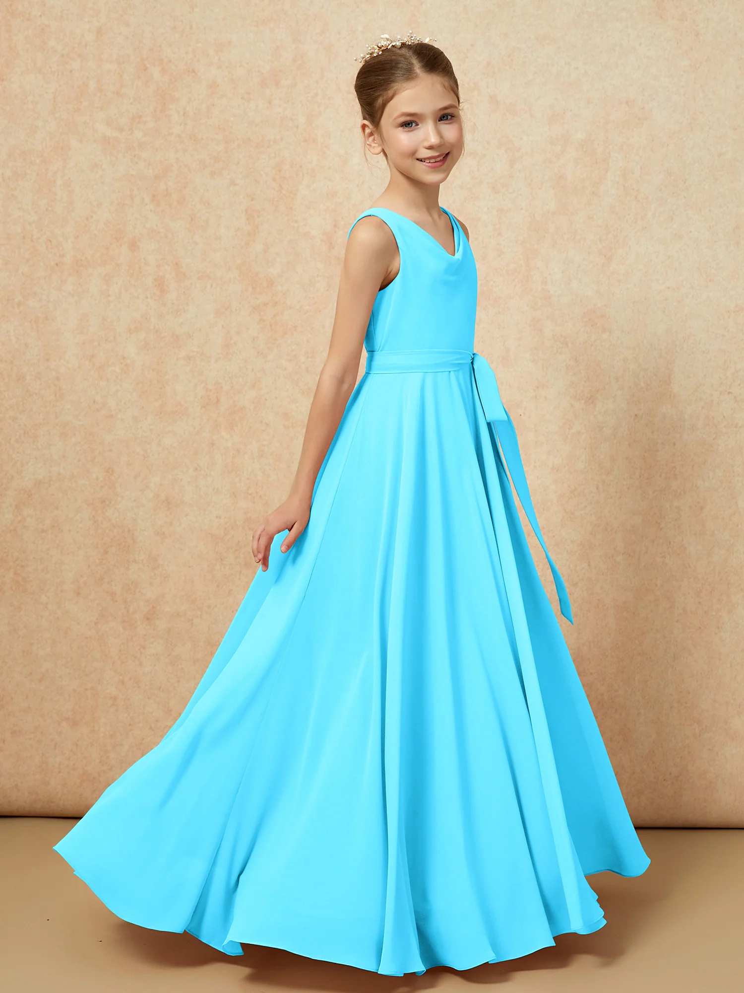 V-neck Chiffon Long Junior Bridesmaid Dress With Belt Pool - Image 3