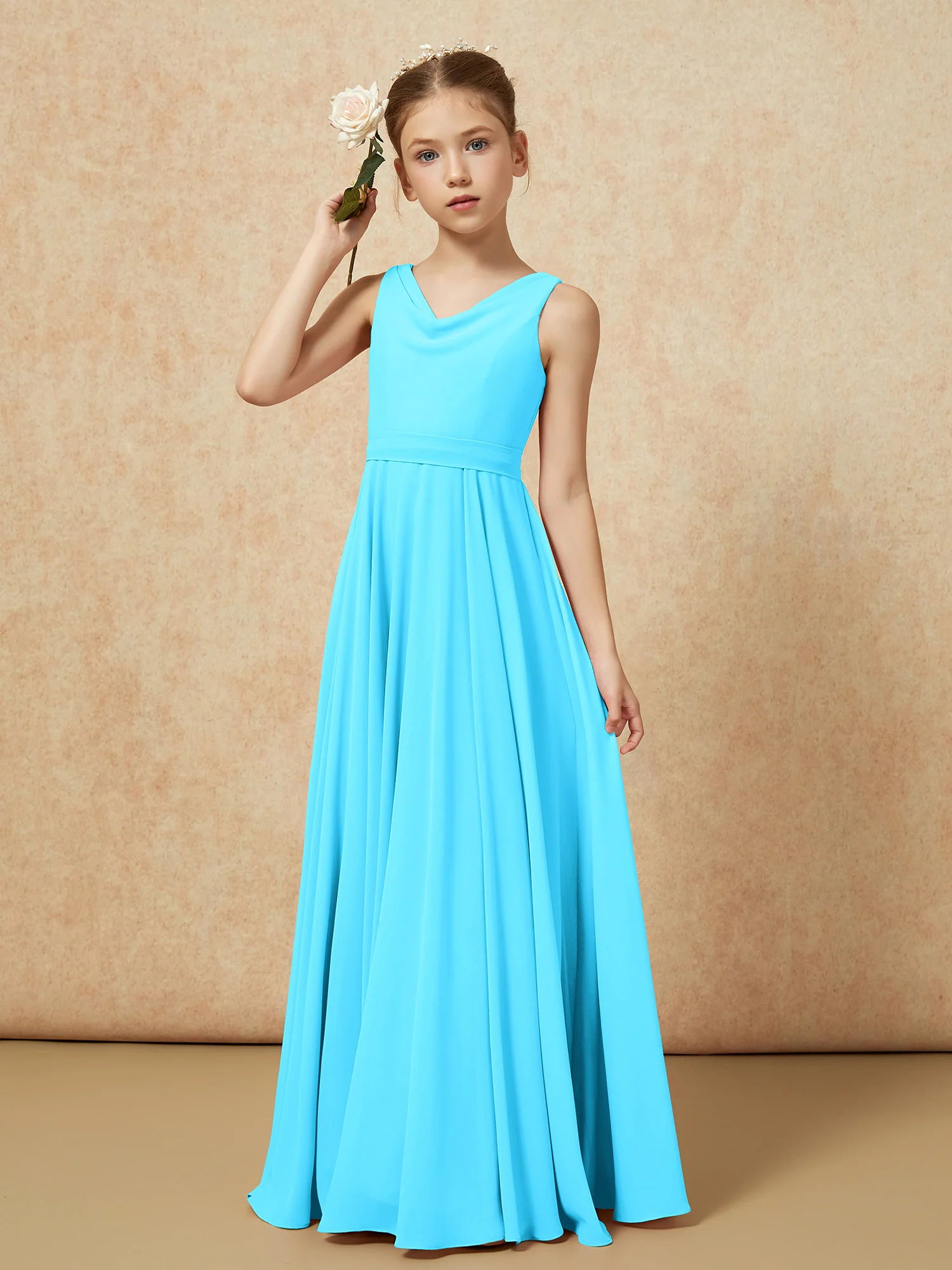 V-neck Chiffon Long Junior Bridesmaid Dress With Belt Pool - Image 4
