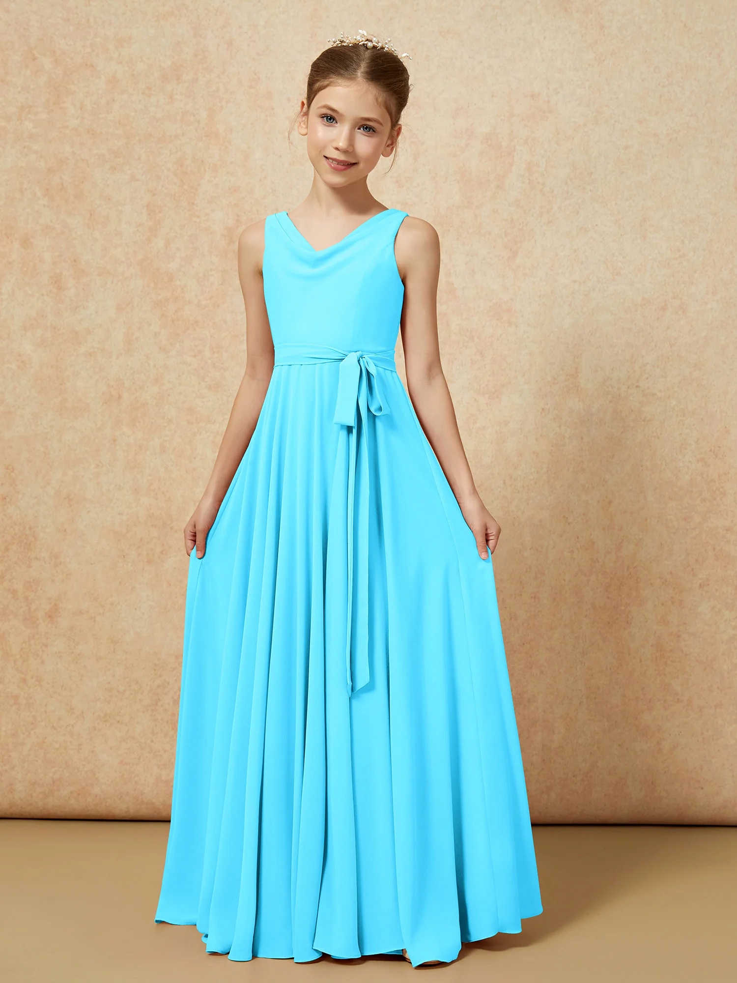 V-neck Chiffon Long Junior Bridesmaid Dress With Belt Pool - Image 5