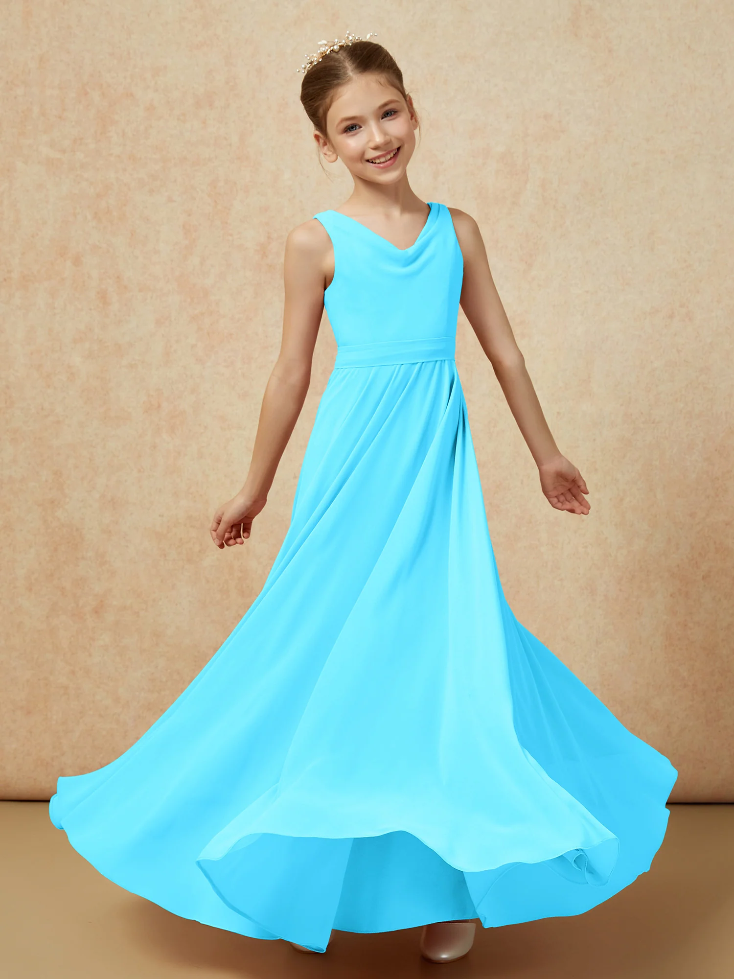 V-neck Chiffon Long Junior Bridesmaid Dress With Belt Pool - Image 6