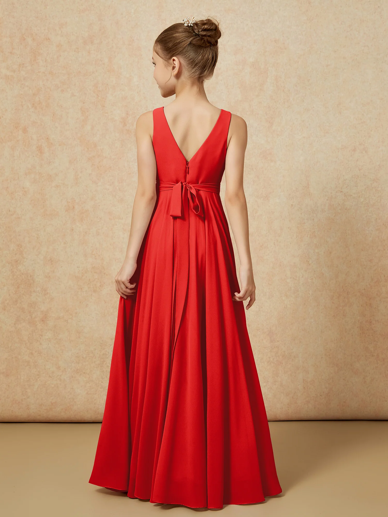 V-neck Chiffon Long Junior Bridesmaid Dress With Belt Red - Image 2