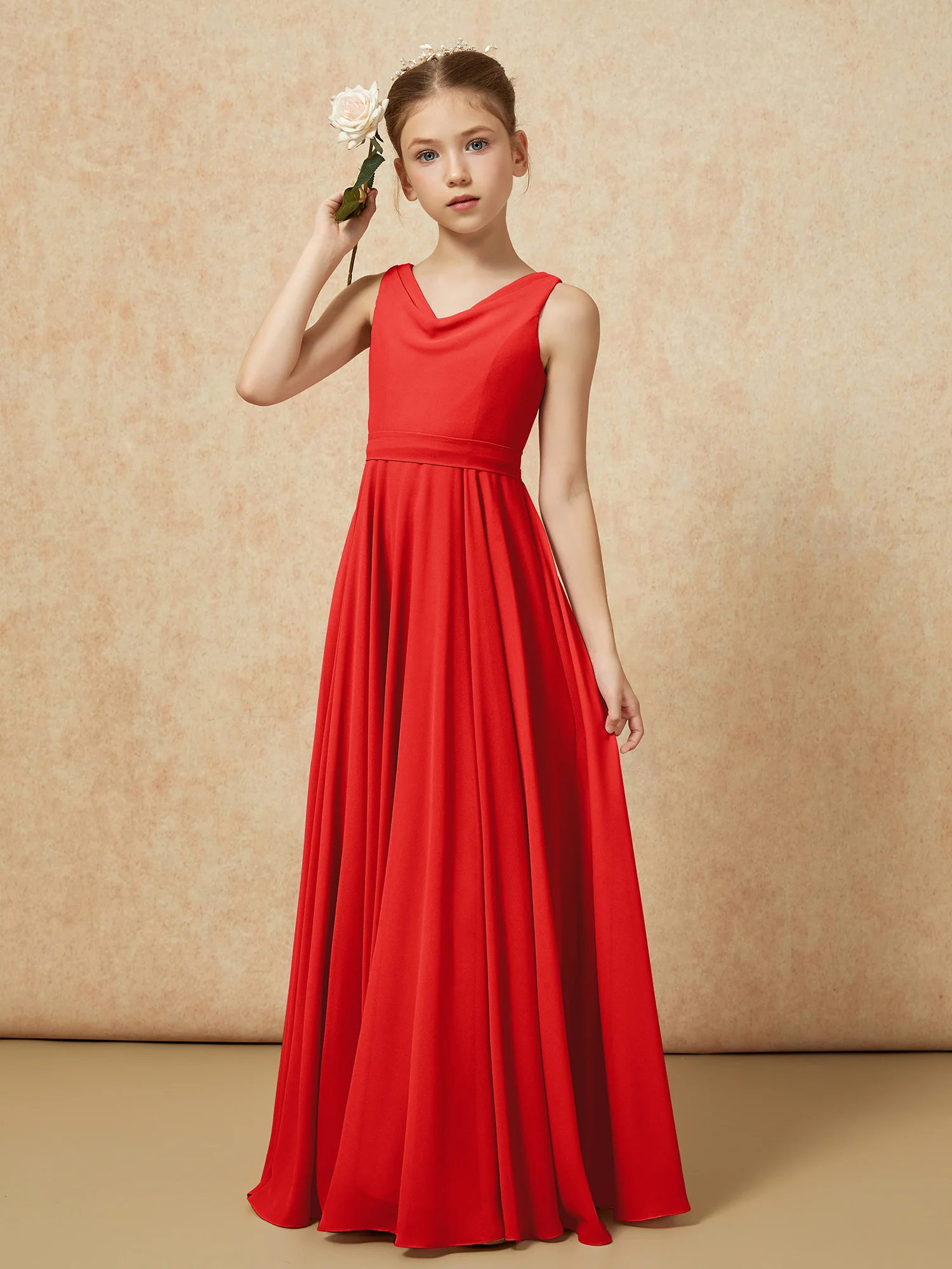 V-neck Chiffon Long Junior Bridesmaid Dress With Belt Red - Image 4