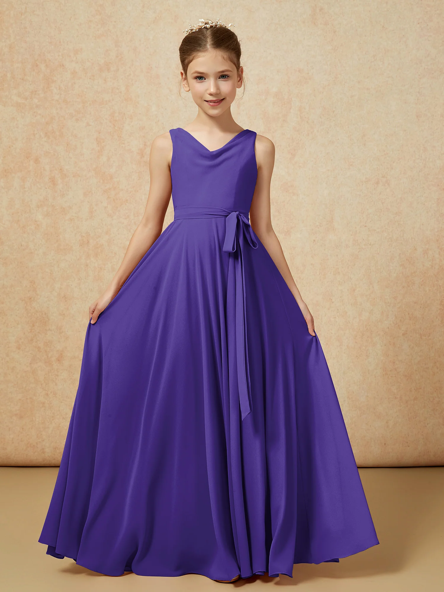 V-neck Chiffon Long Junior Bridesmaid Dress With Belt Regency