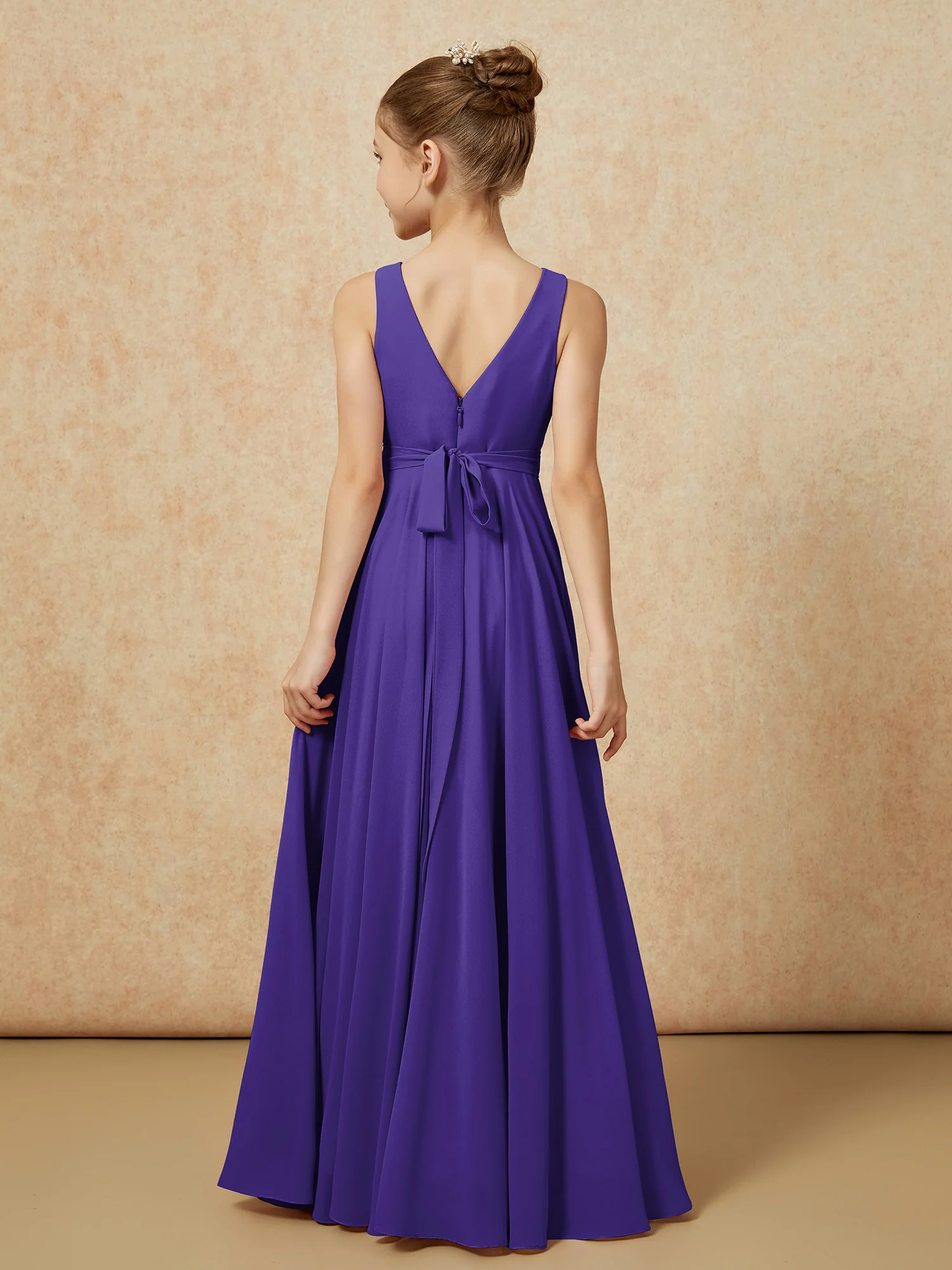 V-neck Chiffon Long Junior Bridesmaid Dress With Belt Regency - Image 2