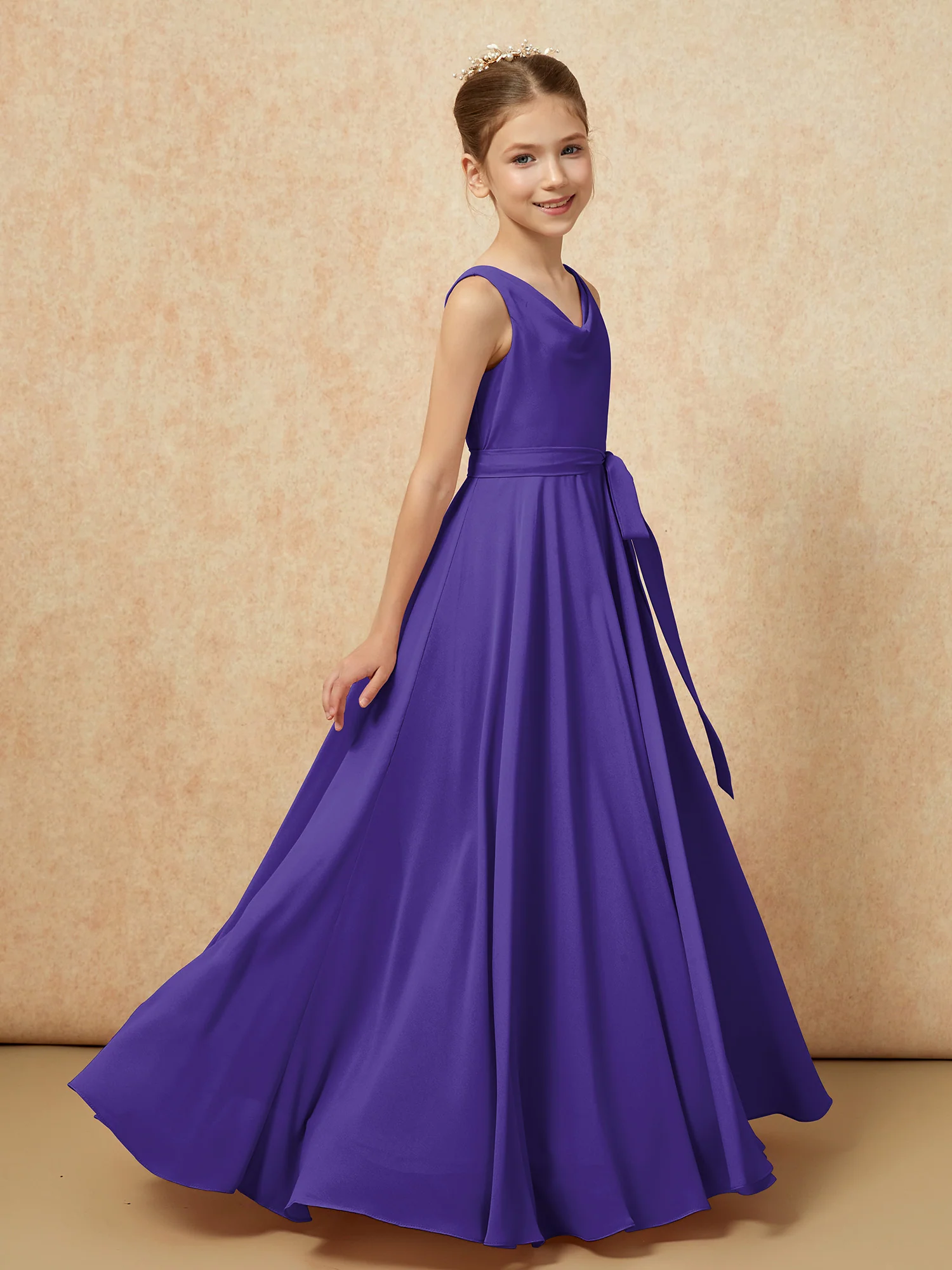 V-neck Chiffon Long Junior Bridesmaid Dress With Belt Regency - Image 3