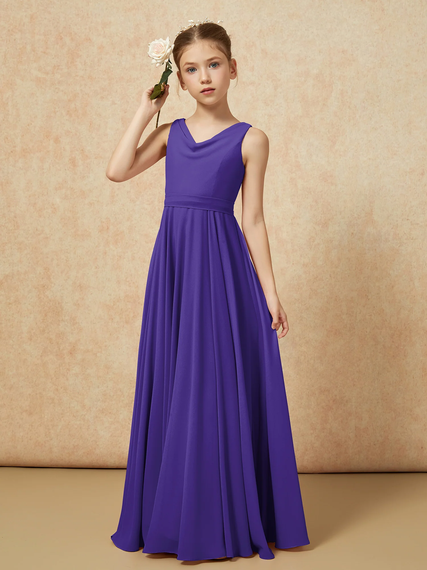 V-neck Chiffon Long Junior Bridesmaid Dress With Belt Regency - Image 4